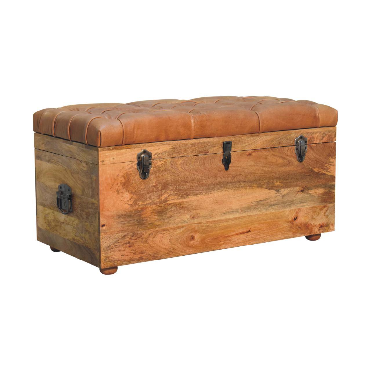 Back. Artisan Furniture - Artisan Furniture Solid Wood Buffalo Hide Oak-ish Storage Trunk, Upholstered, Brown - Brown.