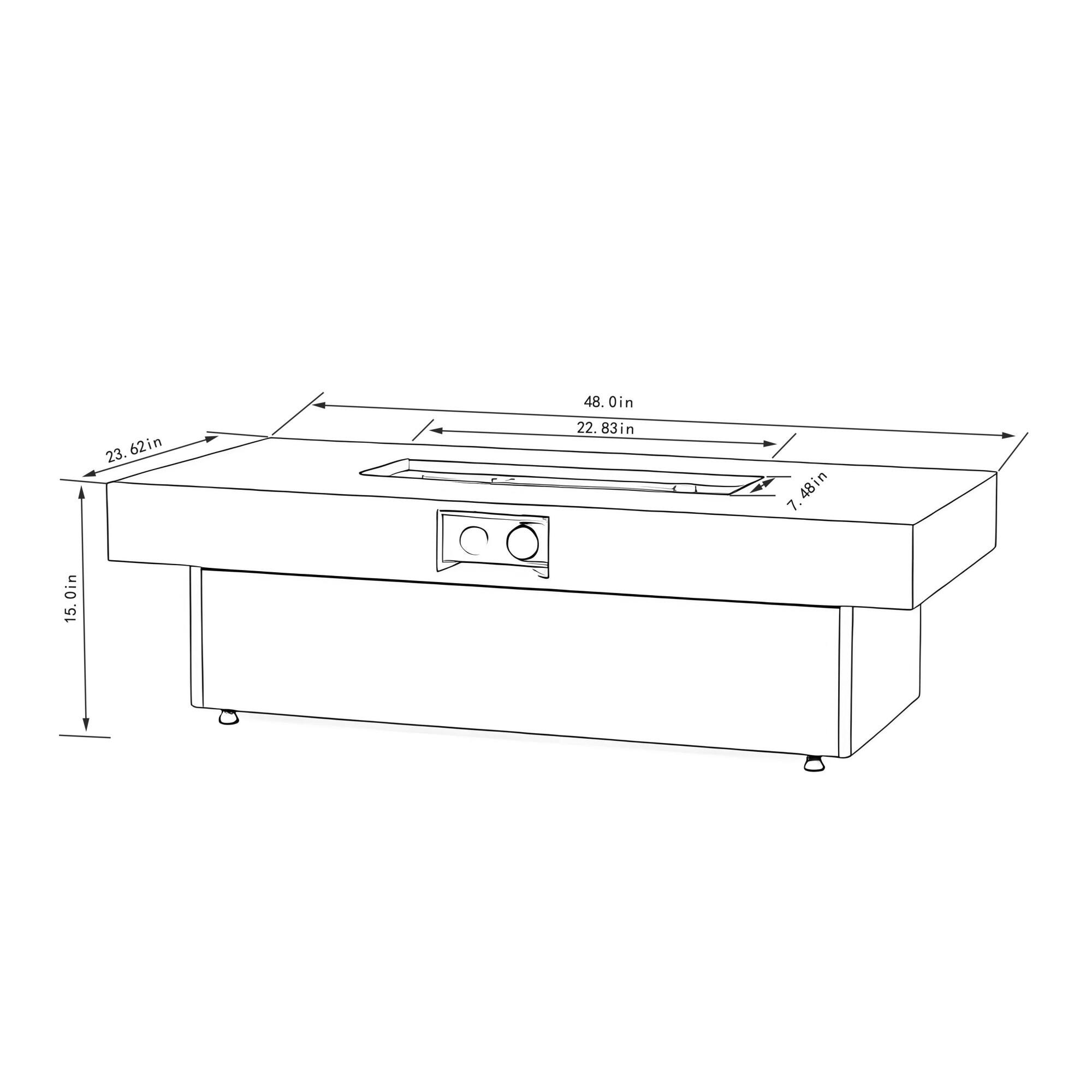 - Width: 48.0 in
- Depth: 22.83 in
- Height: 16.0 in
- Top Surface Width: 23.62 in
- Top Surface Depth: 7.48 in