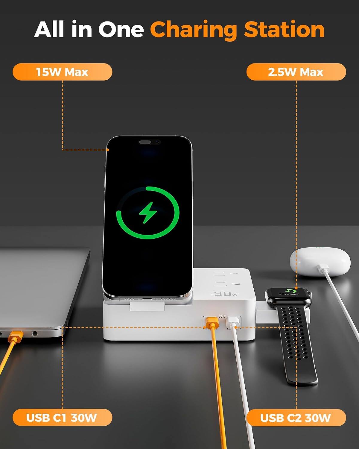 All in One Charging Station

15W Max

2.5W Max

30W

USB C1 30W

USB C2 30W