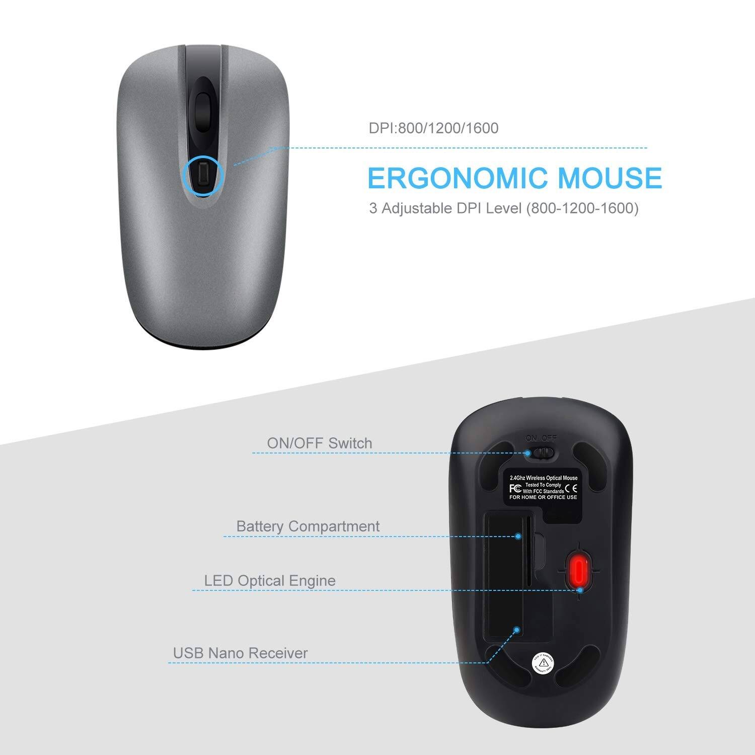 DPI: 800/1200/1600  
ERGONOMIC MOUSE  
3 Adjustable DPI Level (800-1200-1600)  
ON/OFF Switch  
Battery Compartment  
LED Optical Engine  
USB Nano Receiver