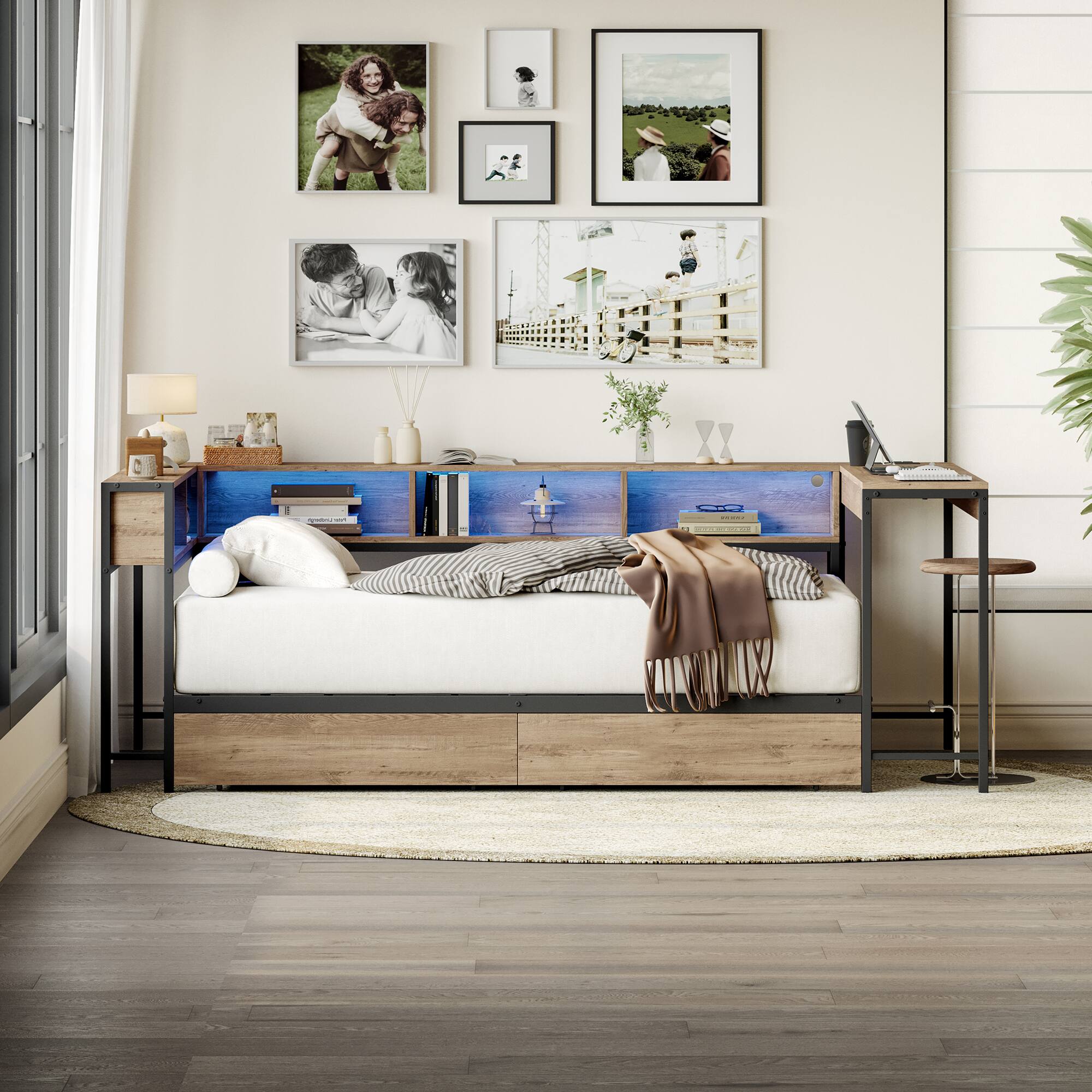 Left. LUCKY ONE - Twin Size Corner Bed Frame with Bookcase and 2 Underbed Storage Drawers - Grey.