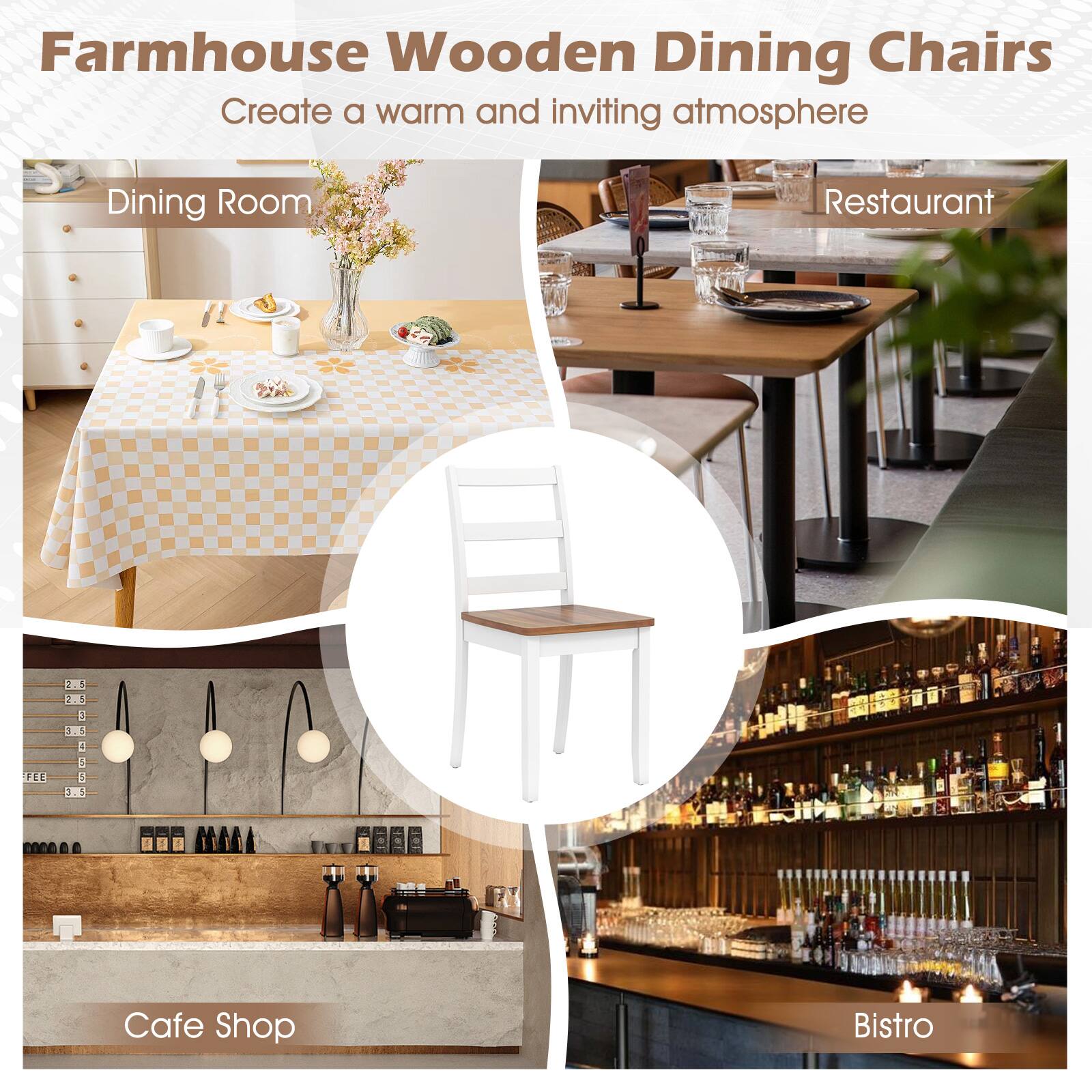 Farmhouse Wooden Dining Chairs  
Create a warm and inviting atmosphere  

Dining Room  
Restaurant  
Cafe Shop  
Bistro