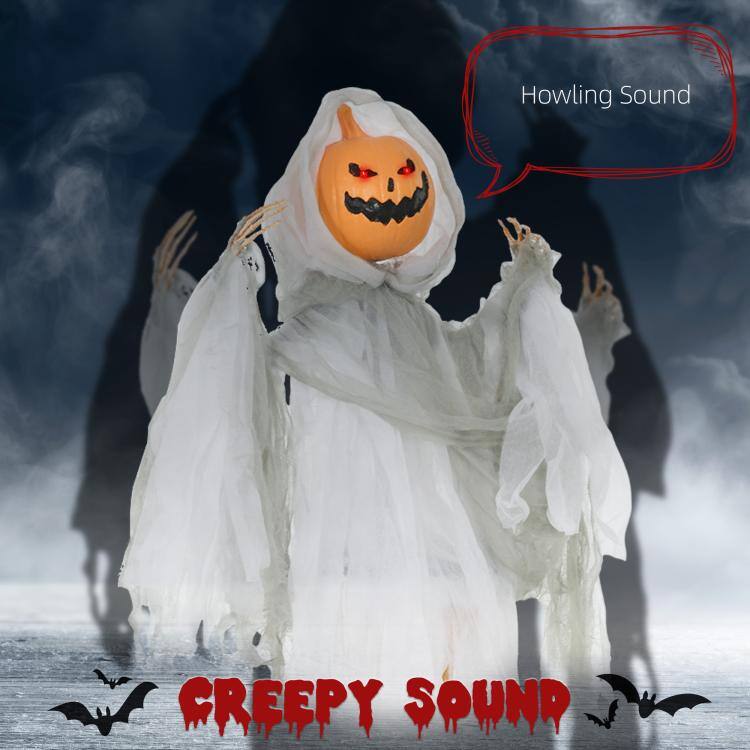 PULUZ 3.9 feet Outdoor Halloween Hanging Pumpkin Ghost w/ Light Up Eyes ...