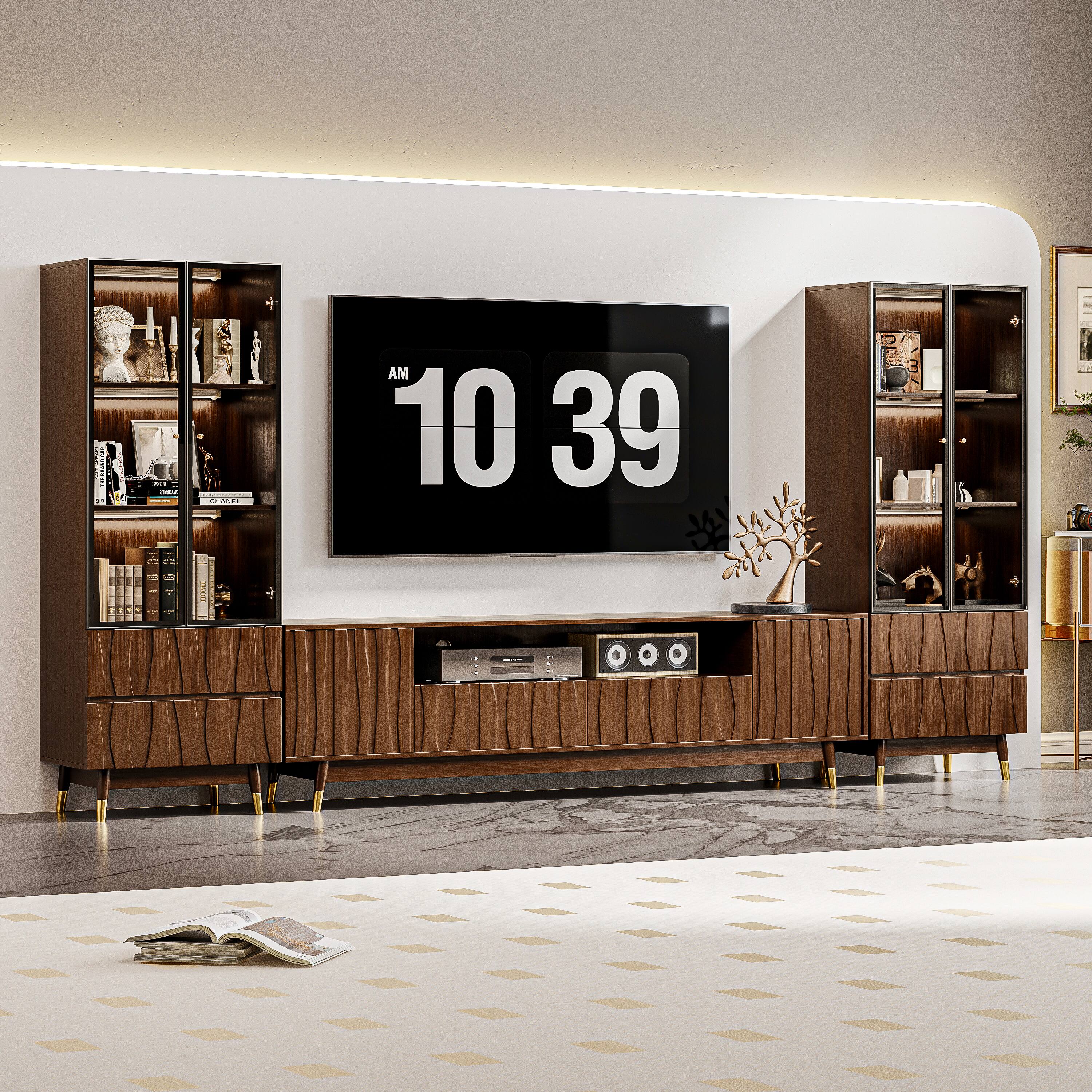 MSOOB - 3 Pieces Mid-Century Modern Entertainment Center, 126 Inch TV Stand and Two Glass Display Cabinets Set with Lighting - Brown