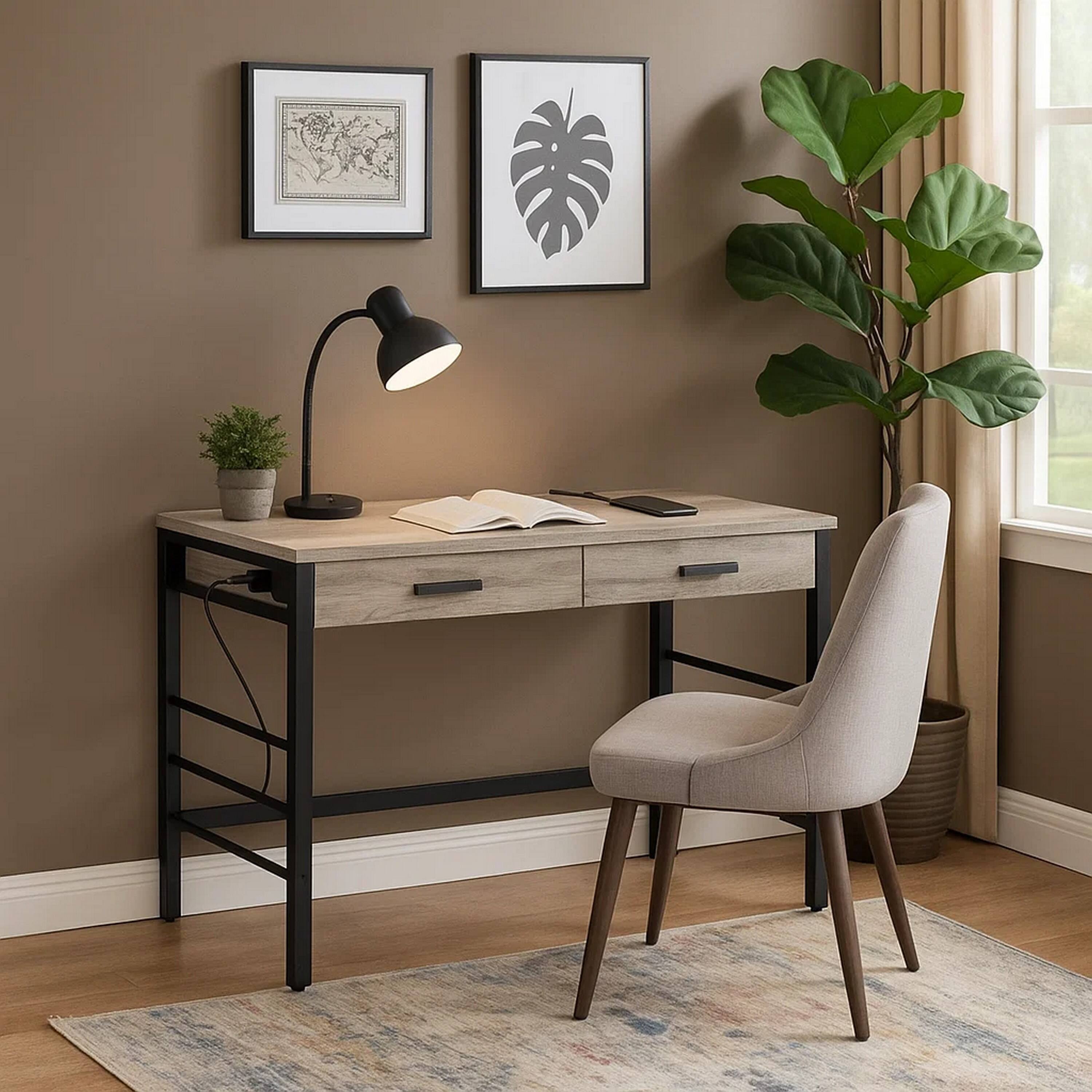 Alt View 3. Manhattan Lane - Built-in USB Port Writing Desk, Light Weathered Oak and Black - Gray, Black.