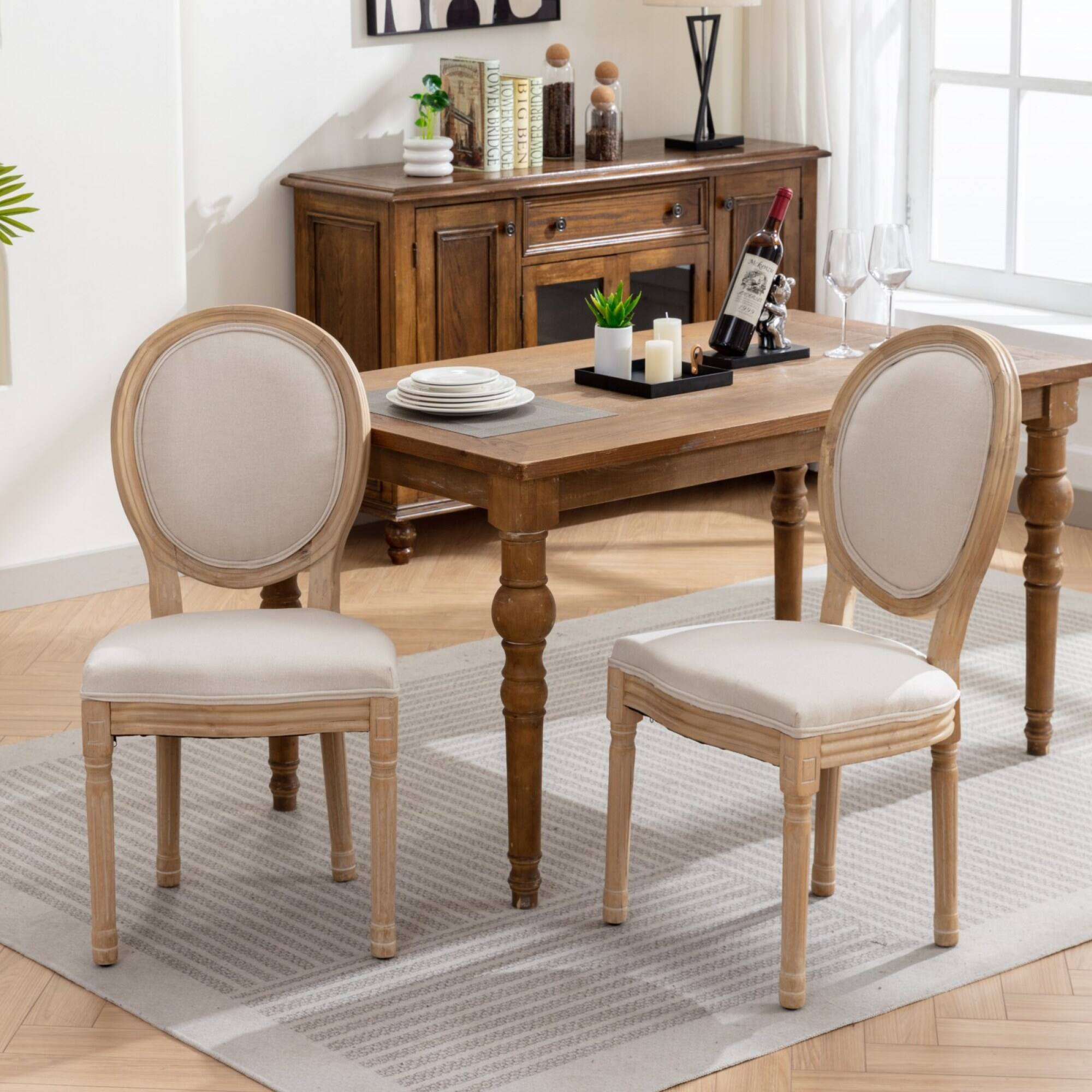 Alt View 8. GOODSILO - French Style Solid Wood Frame Dining Chairs with Linen Fabric Upholstery, Set of 2 - Beige.