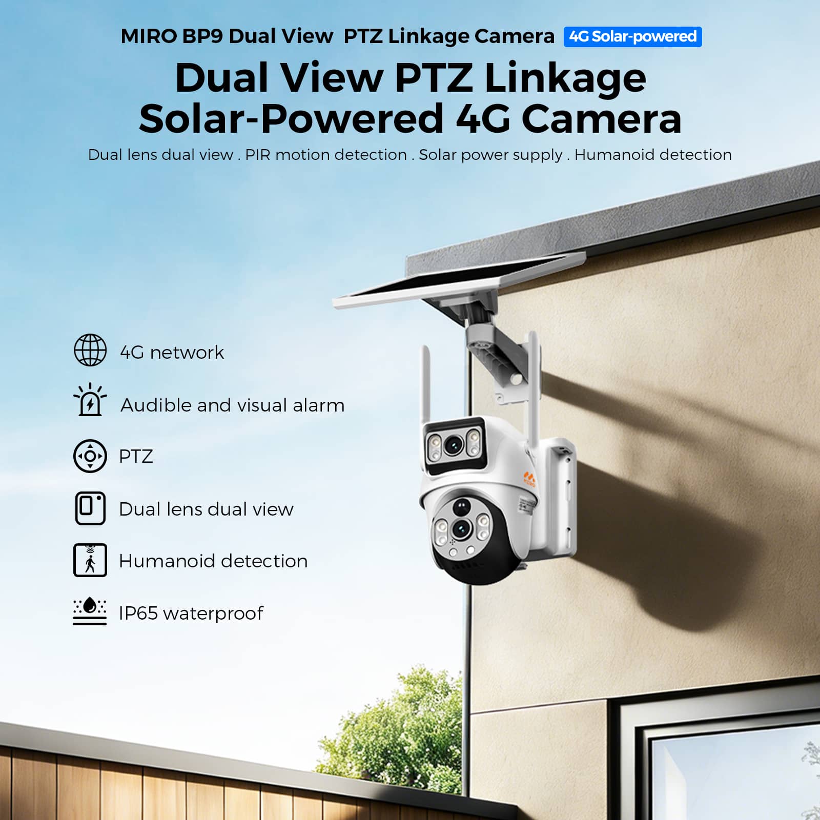 Miro BP09 4G Solar Security Camera, Dual Lens PTZ Linkage, AI