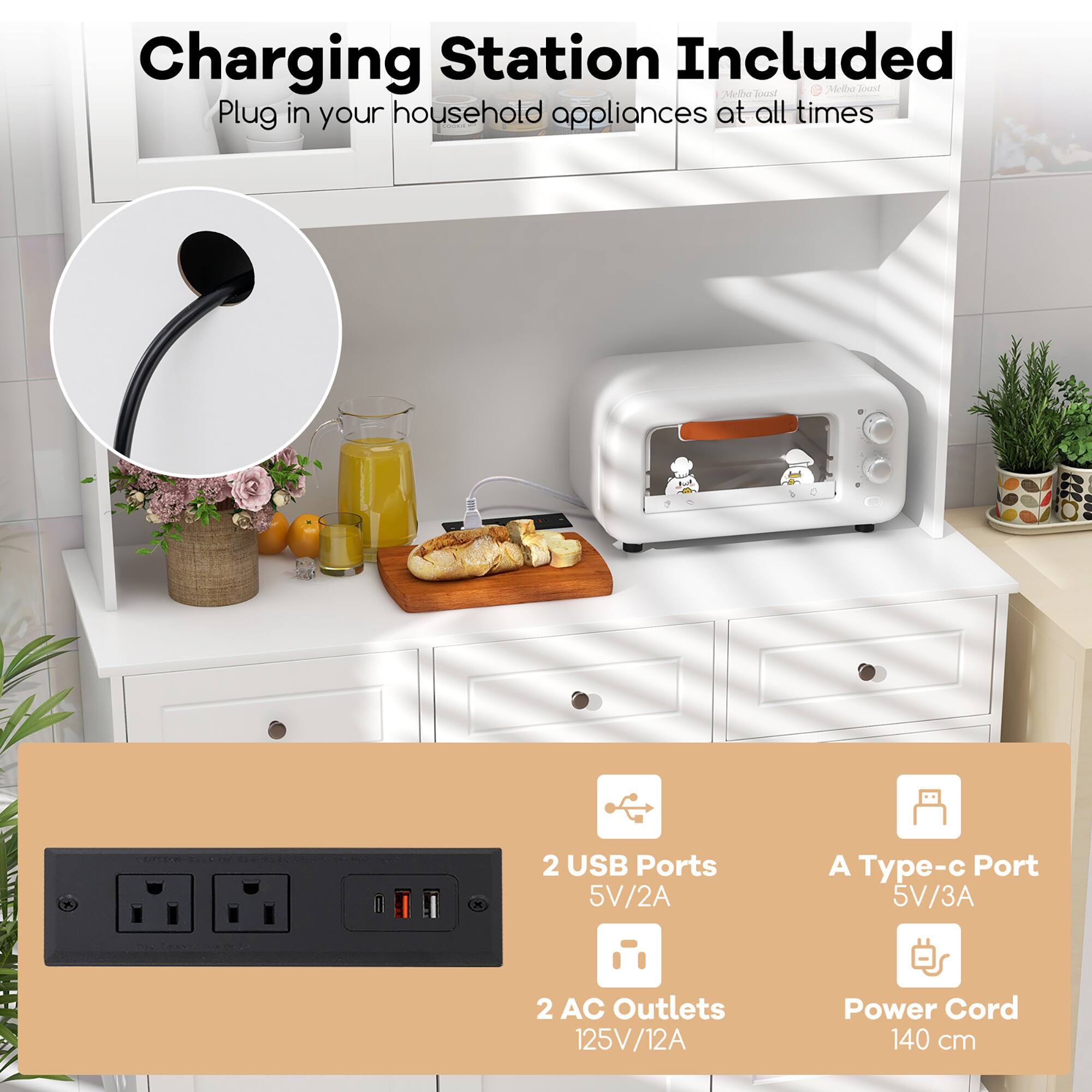 Charging Station Included  
Plug in your household appliances at all times  

2 USB Ports  
5V/2A  

A Type-c Port  
5V/3A  

2 AC Outlets  
125V/12A  

Power Cord  
140 cm