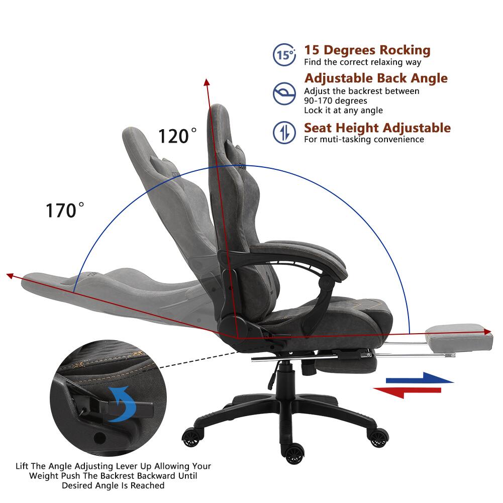 120° 15 Degrees Rocking  
15 Degrees Rocking  
Find the correct relaxing way  
Adjustable Back Angle  
Adjust the backrest between 90-170 degrees  
Lock it at any angle  
Seat Height Adjustable  
For multi-tasking convenience  
170° Lift The Angle Adjusting Lever Up  
Allowing Your Weight Push The Backrest Backward Until Desired Angle Is Reached
