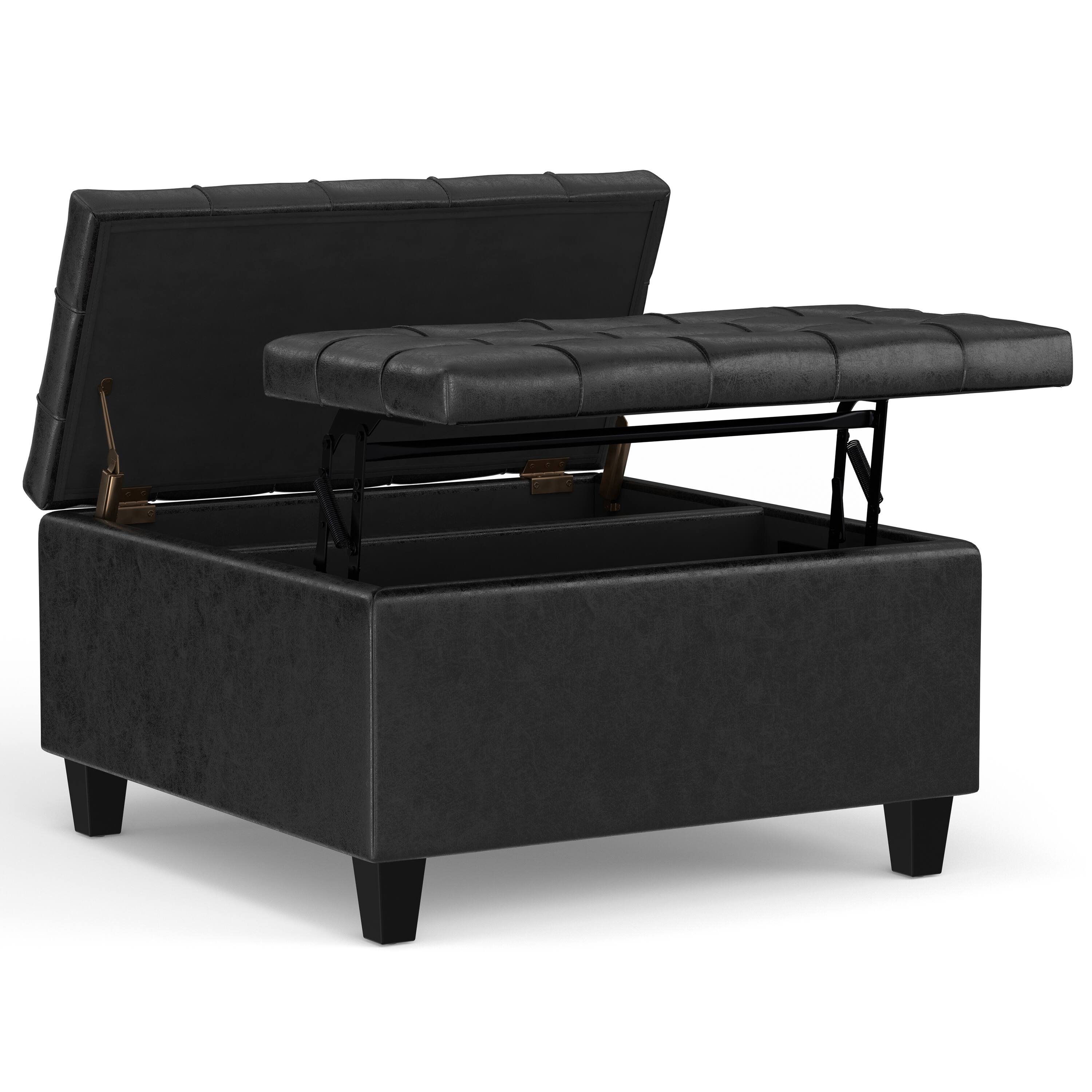 Back. Simpli Home - Harrison 30 inch Wide Small Square Coffee Table Storage Ottoman in Distressed Black Vegan Leather - Distressed Black.