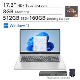 HP - 17.3" HD+ Touchscreen Laptop,Ryzen 5 7430U,8GB RAM,512GB SSD+160GB Dock Station,AMD Radeon GPU,Wi-Fi 6,Win 11 - Silver