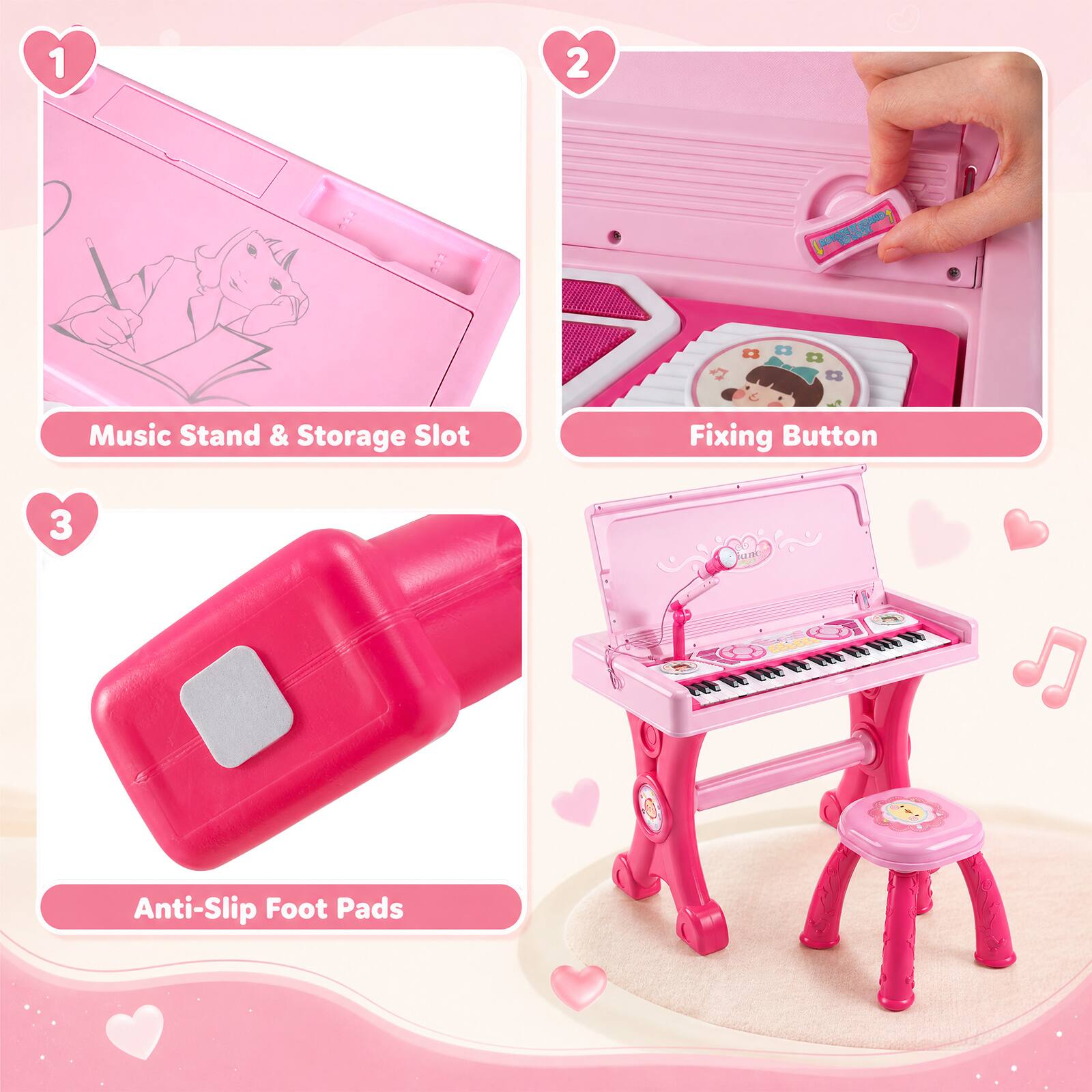 1. Music Stand & Storage Slot
2. Fixing Button
3. Anti-Slip Foot Pads