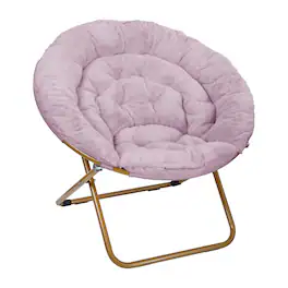 Emma + Oliver - Ersa Oversize Folding Saucer Chair with Cozy Faux Fur Cushion and Metal Frame for Dorms, Bedrooms, Apartments and More - Dusty Purple Fabric/ Soft Gold Frame