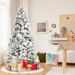 Gymax - 7 FT Artificial Snow Flocked Christmas Tree Hinged Xmas Tree w/ Metal Stand - White
