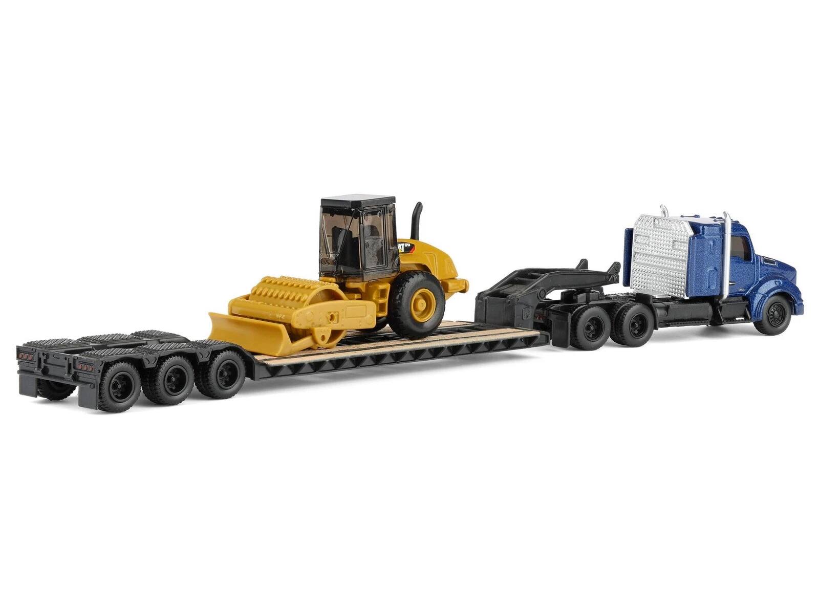 Alt View 3. Diecast Masters - Kenworth T880 Tractor Black with Lowboy Trailer and CAT Roller Yellow 1/87 (HO) Scale Diecast Model by Diecast Masters.