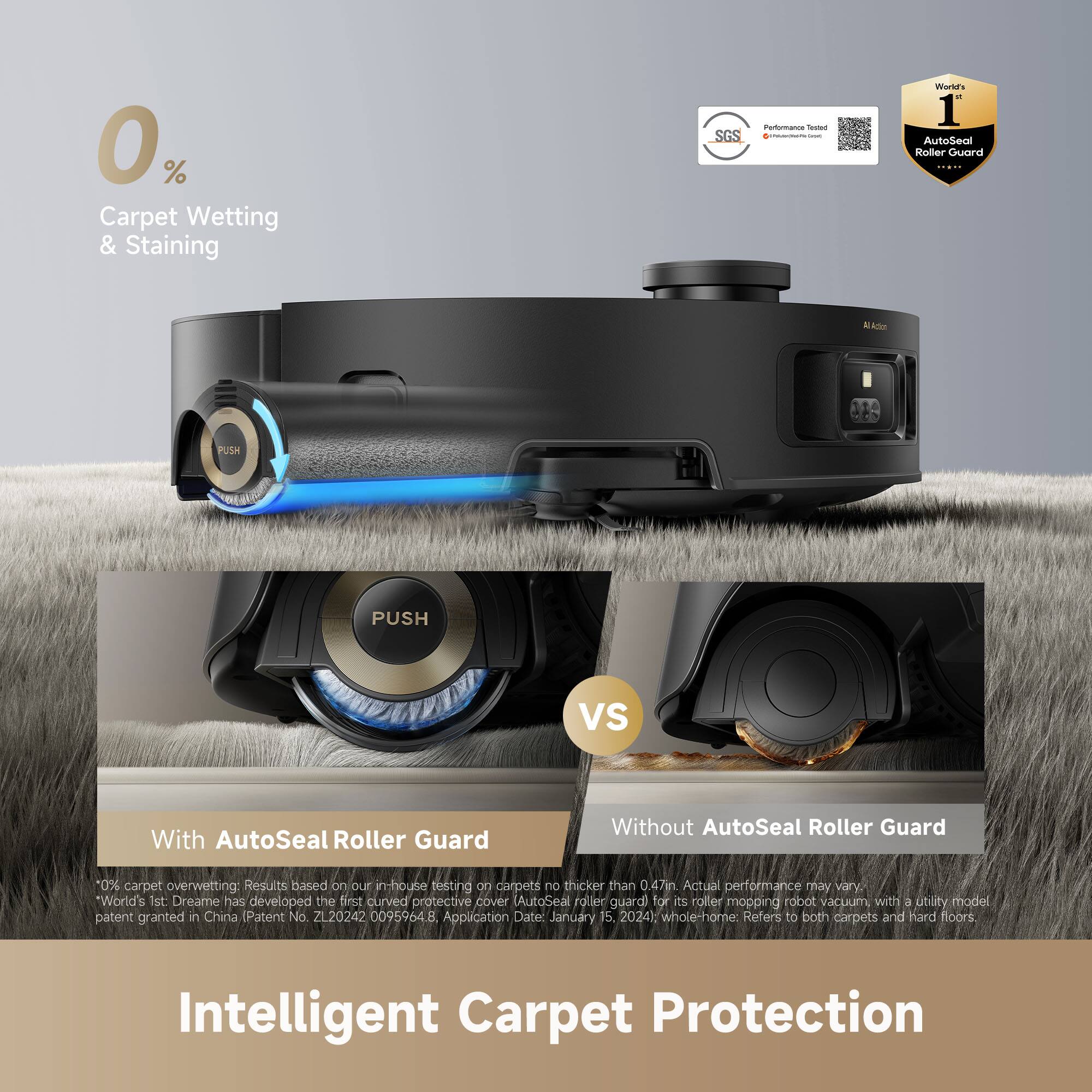 0% Carpet Wetting & Staining

SGS Performance Tested

World's 1st: Dreame has developed the first curved protective cover AutoSeal roller guard for its roller mopping robot vacuum with a utility model patent granted in China. Patent No. ZL20242 0095964.8 Application Date: January 15, 2024

With AutoSeal Roller Guard

*0% carpet overwetting: Results based on our in-house testing on carpets no thicker than 0.47in. Actual performance may vary.
*World's 1st: Dreame has developed the first curved protective cover (AutoSeal roller guard) for its roller mopping robot vacuum with a utility model patent granted in China. Patent No. ZL20242 0095964.8. Application Date: January 15, 2024. Refers to both carpets and hard floors.

VS

Without AutoSeal Roller Guard

*0% carpet overwetting: Results based on our in-house testing on carpets no thicker than 0.47in. Actual performance may vary.
*World's 1st: Dreame
