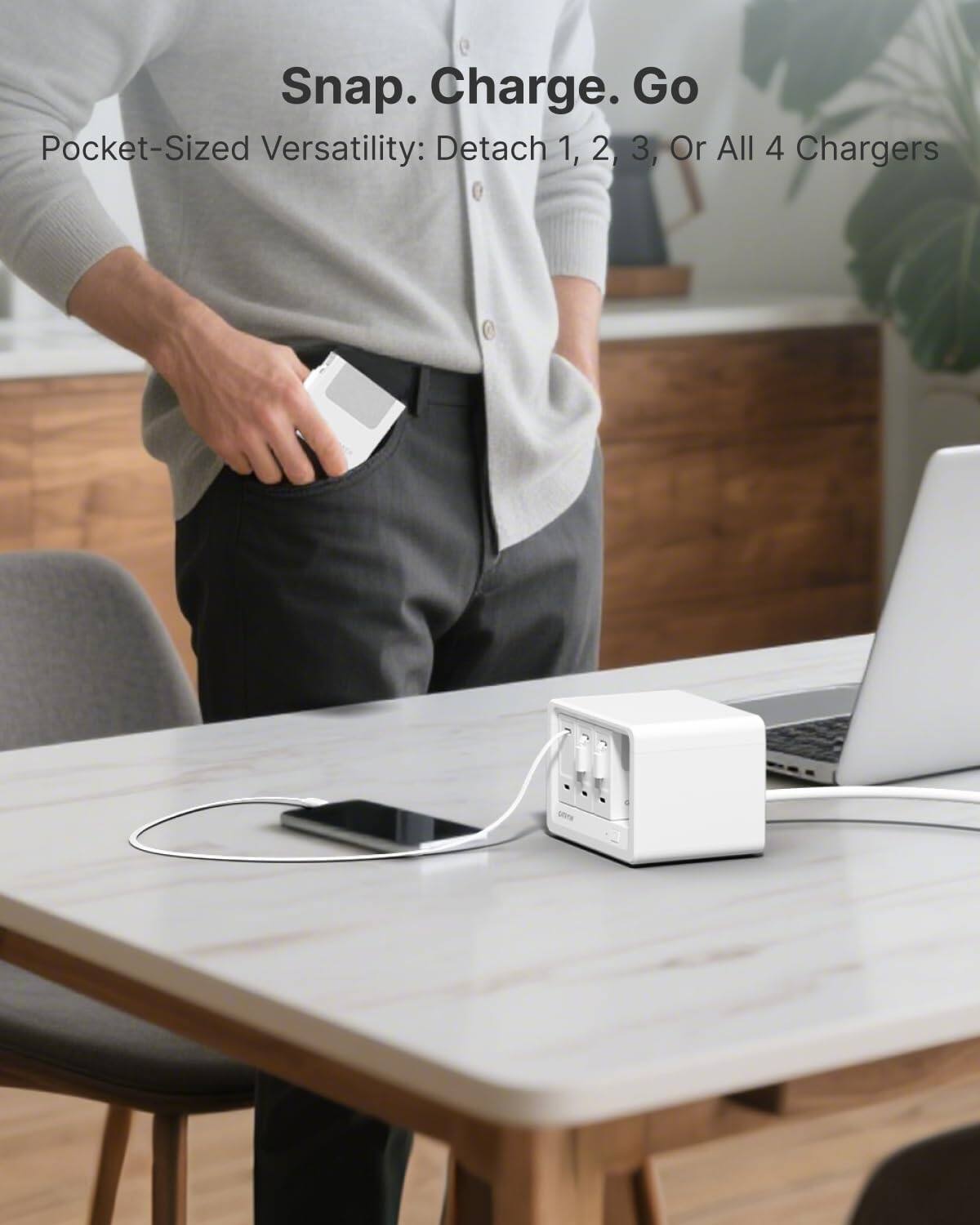 Snap. Charge. Go  
Pocket-Sized Versatility: Detach 1, 2, 3, or All 4 Chargers