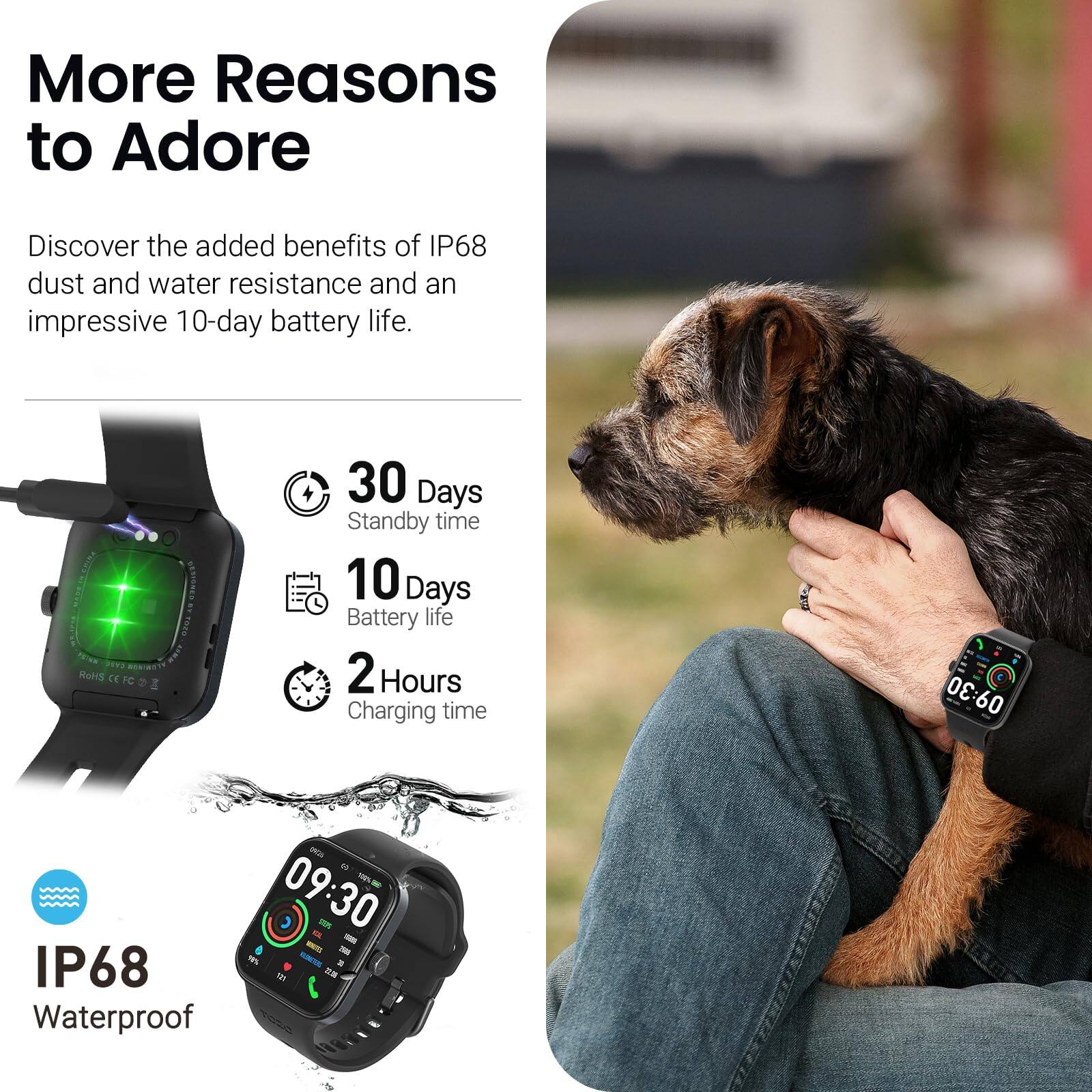 More Reasons to Adore

Discover the added benefits of IP68 dust and water resistance and an impressive 10-day battery life.

- 30 Days Standby time
- 10 Days Battery life
- 2 Hours Charging time
- IP68 Waterproof