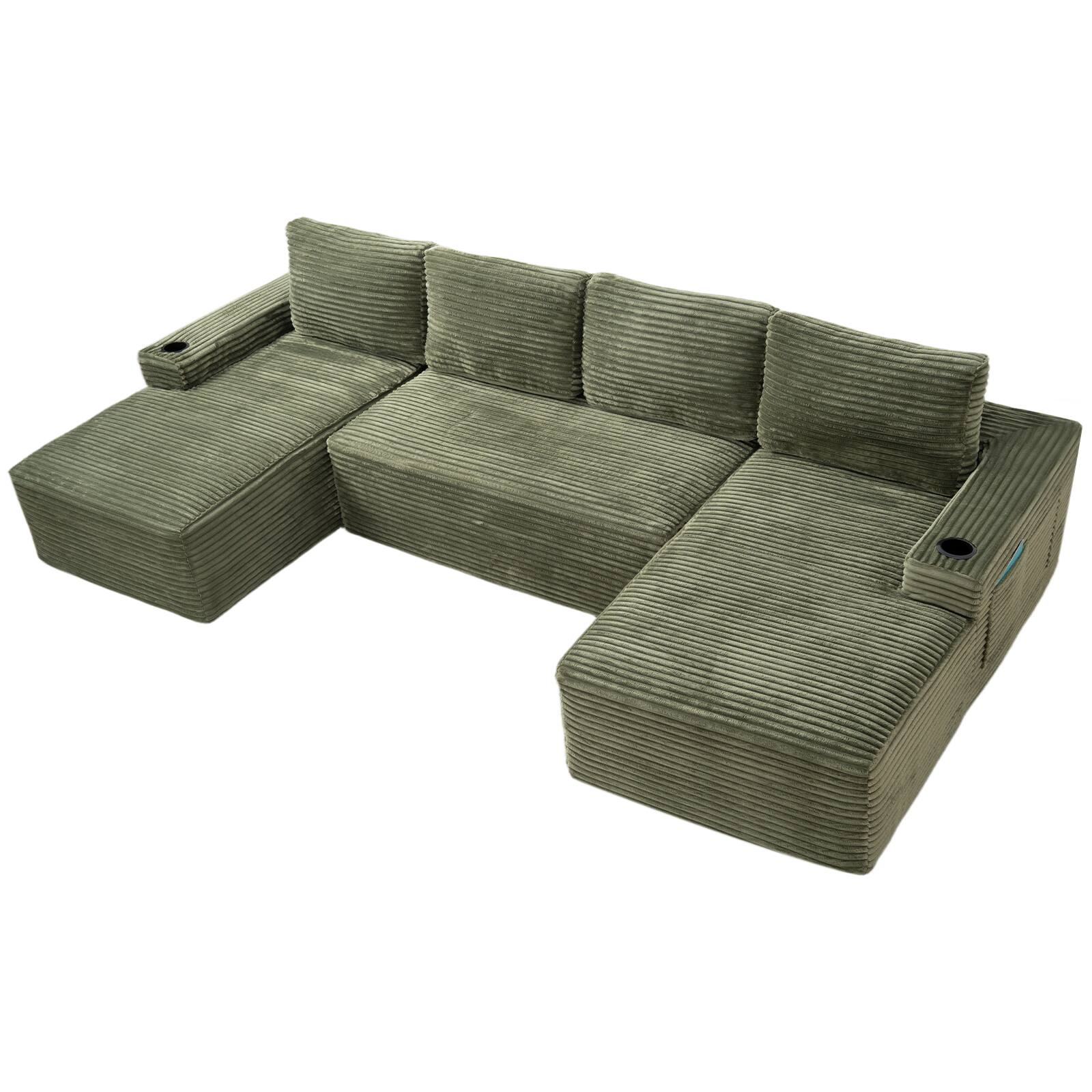 Alt View 1. Roomtec - Compressible UShaped Sectional Sofa SetMinimalist Style Modular Sectional Sofa Corduroy Fabric Cloud Couch for Living - Green.