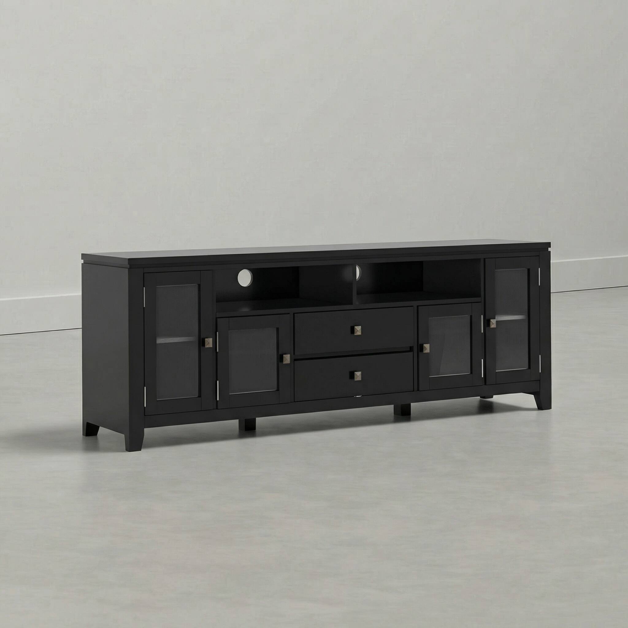 Angle. Simpli Home - Cosmopolitan 72 inch Wide Solid Wood TV Stand, Deep Black - Deep Black.