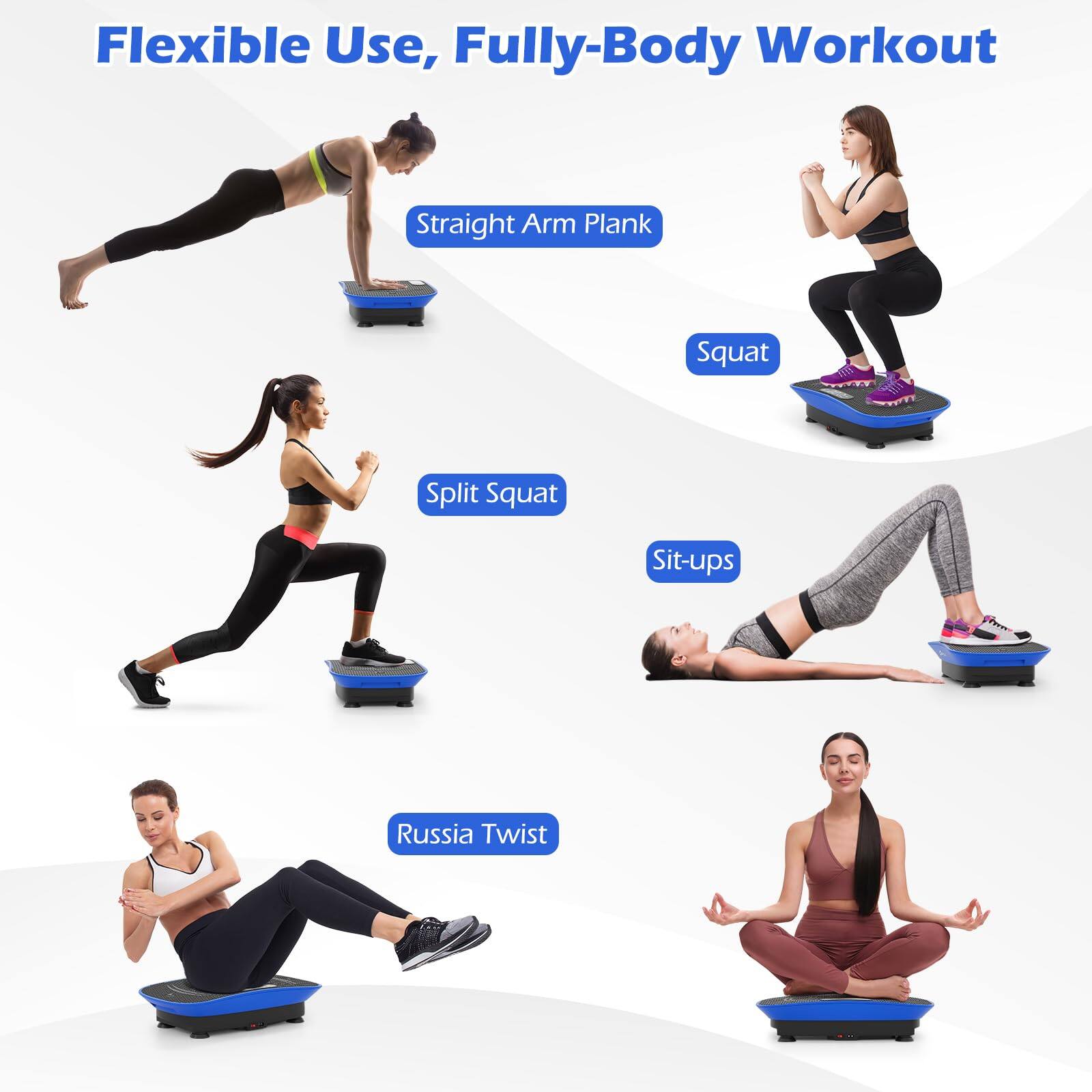 Flexible Use, Fully-Body Workout

- Straight Arm Plank
- Squat
- Split Squat
- Sit-ups
- Russia Twist