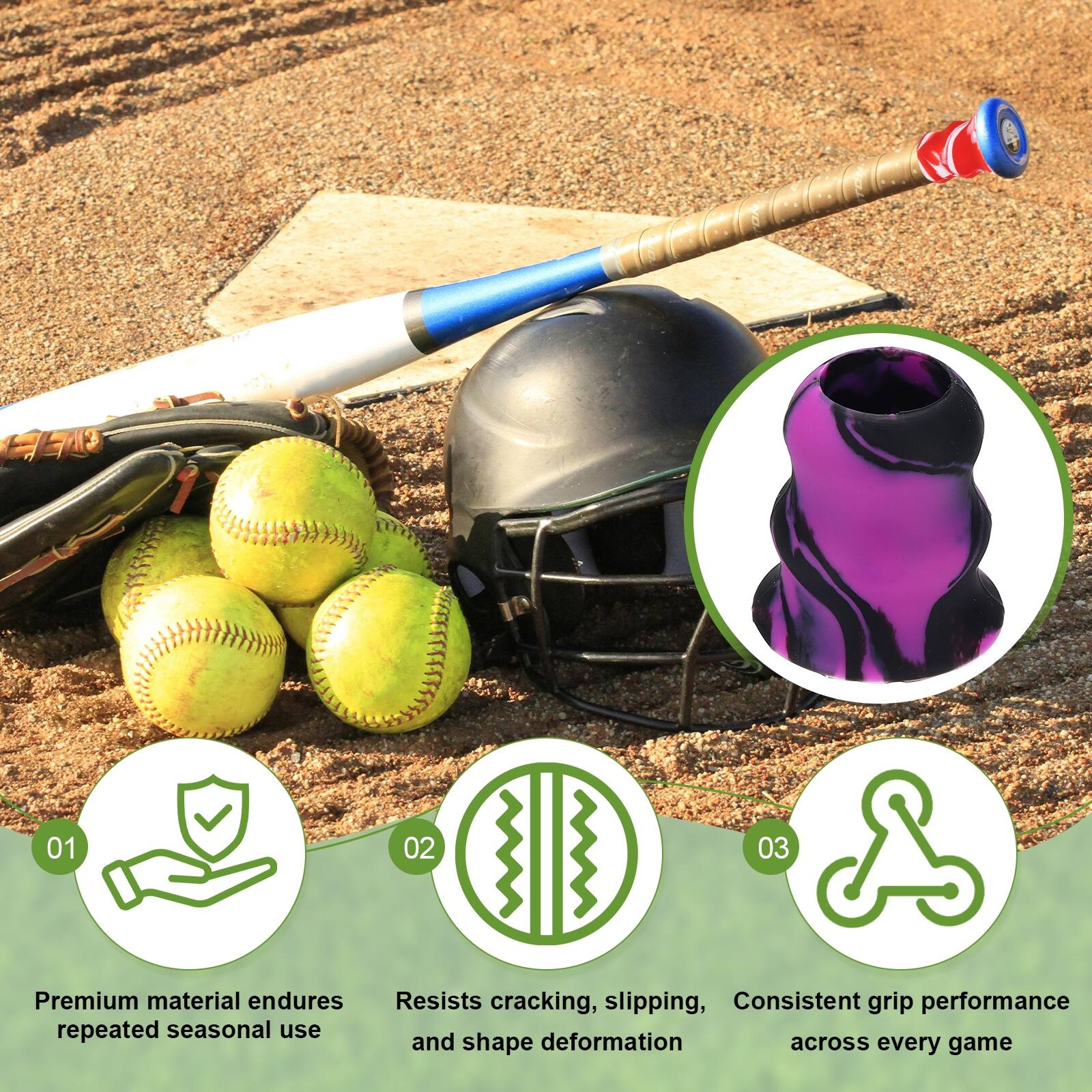 01 Premium material endures repeated seasonal use  
02 Resists cracking, slipping, and shape deformation  
03 Consistent grip performance across every game