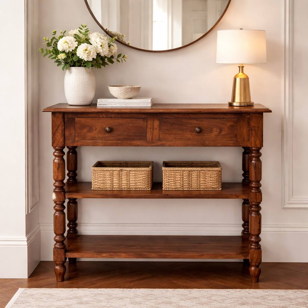 Angle. Artisan Furniture - Turned Leg Side Table with Shelves, 2 Drawers, Brown - Brown.