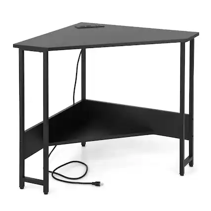 Front. Ecooso - Triangle Corner Desk with Charging Station, Space-Saving Computer Workstation for Home Office - Black.