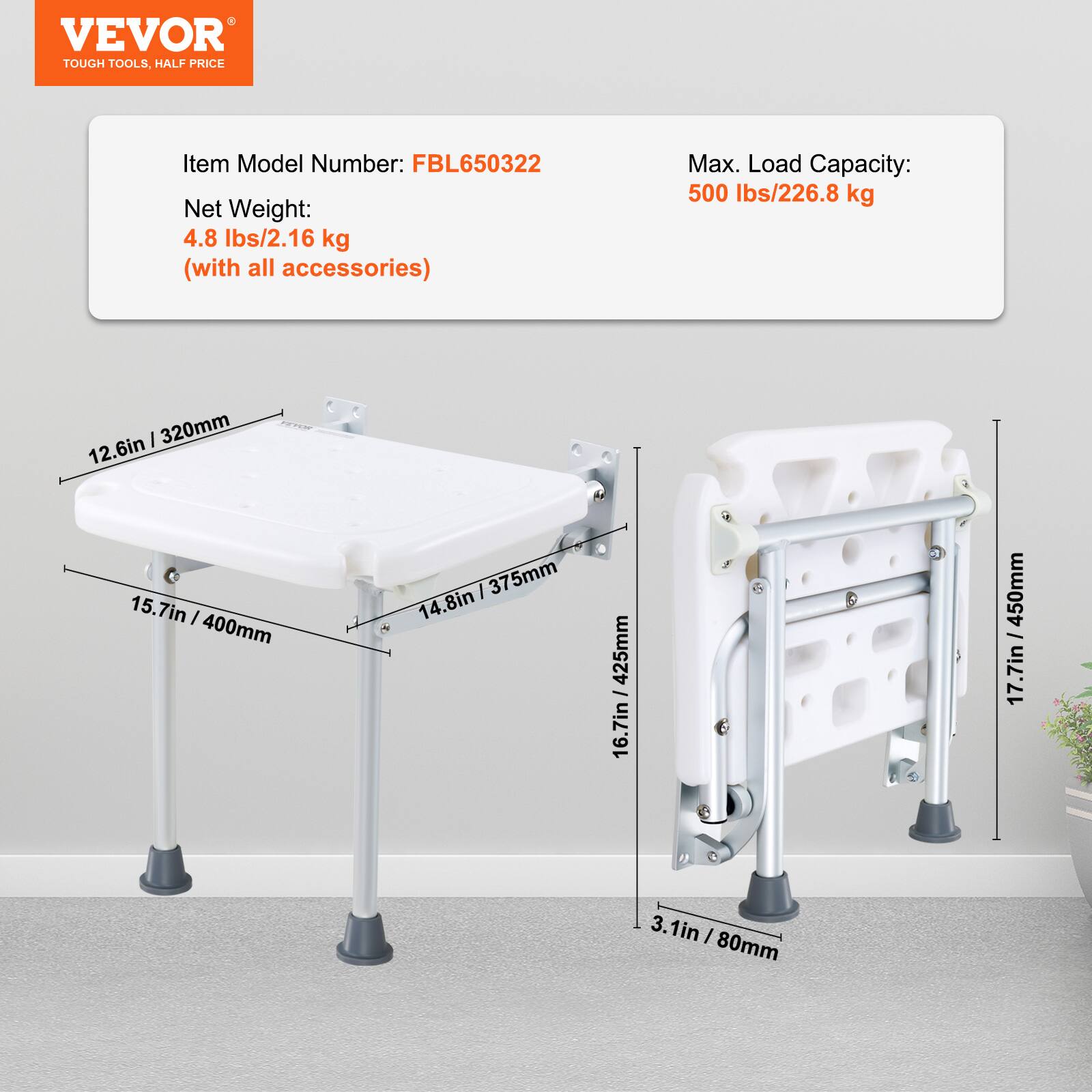 VEVOR TOUGH TOOLS, HALF PRICE

Item Model Number: FBL650322

Net Weight: 4.8 lbs/2.16 kg (with all accessories)

Max. Load Capacity: 500 lbs/226.8 kg

Dimensions:
- 12.6in / 320mm
- 15.7in / 400mm
- 14.8in / 375mm
- 16.7in / 425mm
- 17.7in / 450mm
- 3.1in / 80mm