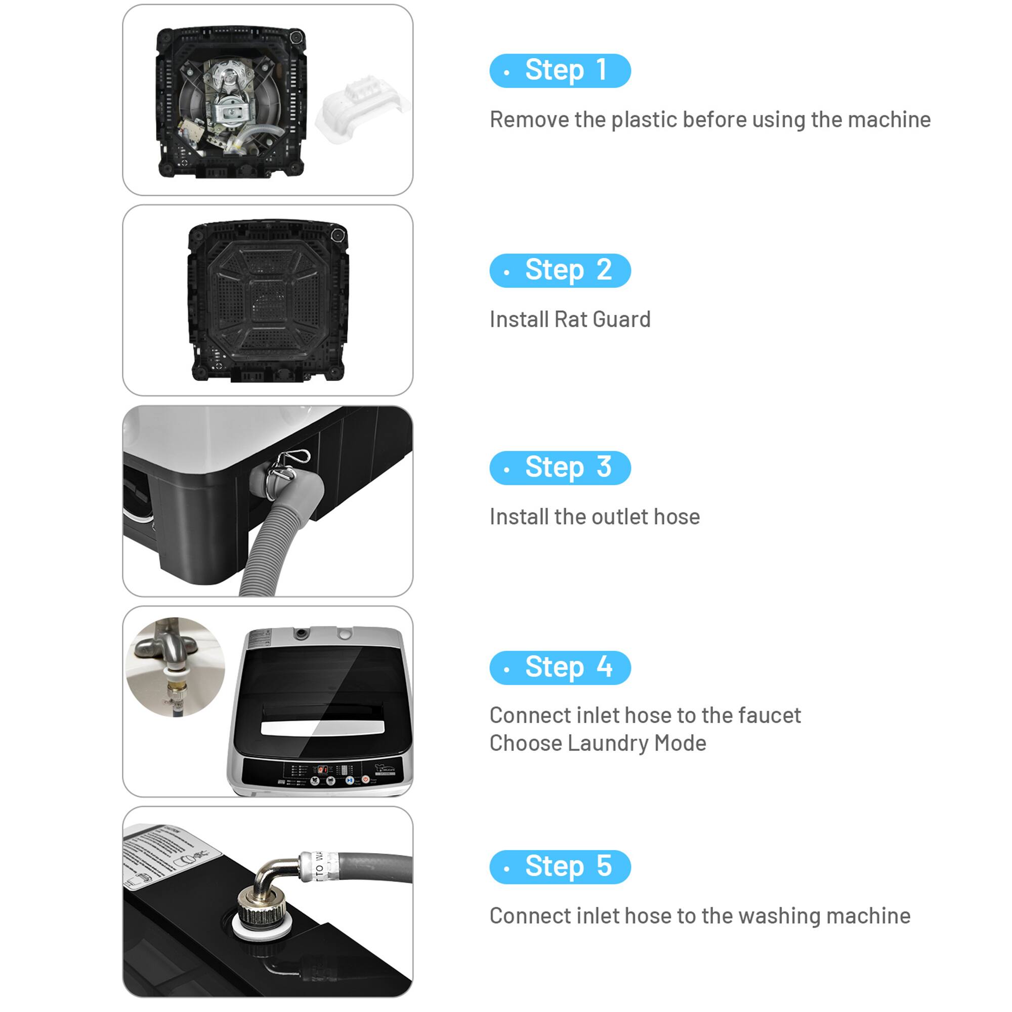 Step 1: Remove the plastic before using the machine

Step 2: Install Rat Guard

Step 3: Install the outlet hose

Step 4: Connect inlet hose to the faucet
Choose Laundry Mode

Step 5: Connect inlet hose to the washing machine
