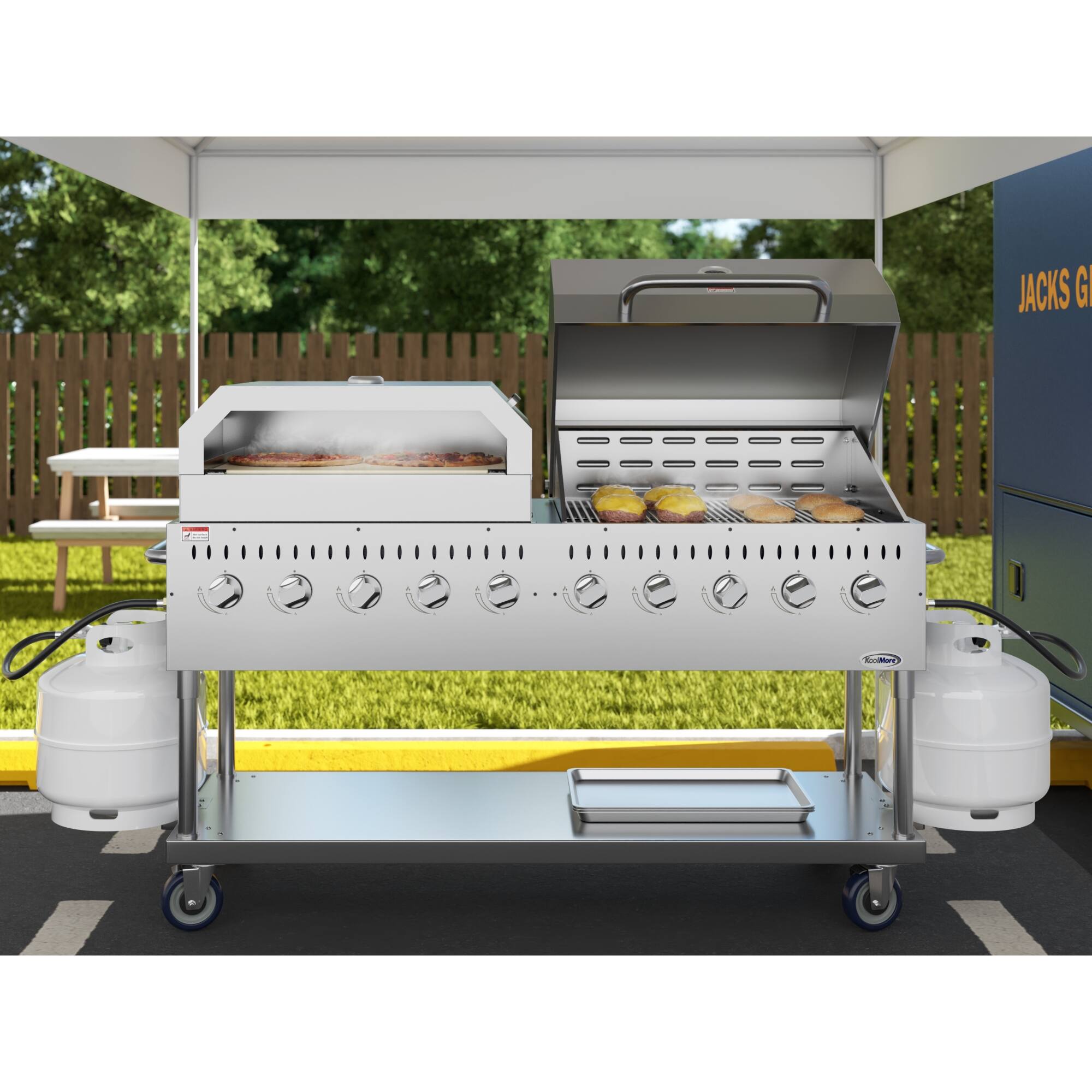 Back. Koolmore - 72 in. Commercial Outdoor Propane Gas Grill with 36 in. Roll Dome Cover and 36 in. Pizza Oven in Stainless-Steel - Stainless Steel.