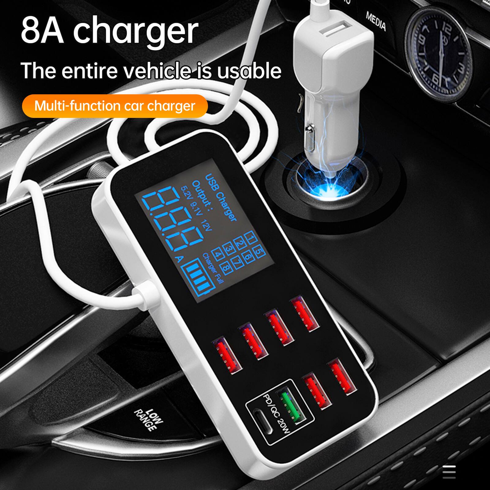 8A charger  
The entire vehicle is usable  
Multi-function car charger  

Output: 9.1V  
Charger 12V 3 15 A 4 9  
Charger 8 Full RANGE LOW PD/QC 20W