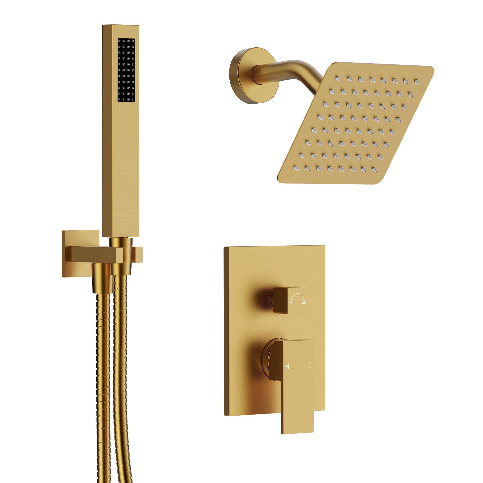 Front. GRANDJOY - 10" Rain Shower System with Handheld Shower Head and Single Handle Mixer Valve - Brushed Gold.