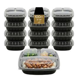Eco Harmony Products - Hinged Container (PP) Four Vents, Duo-Colored, 3-compartment, 8" x 8", 100-Pack - Black