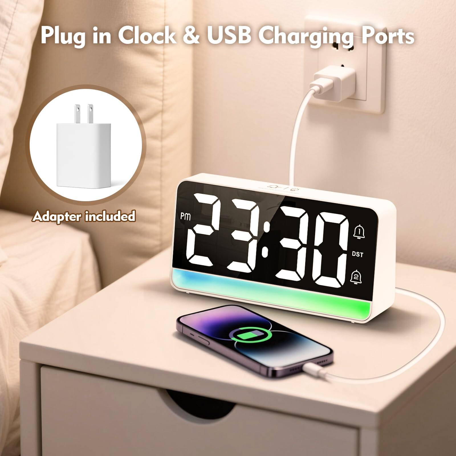 Plug in Clock & USB Charging Ports  
Adapter included  
23:30 PM  
DST