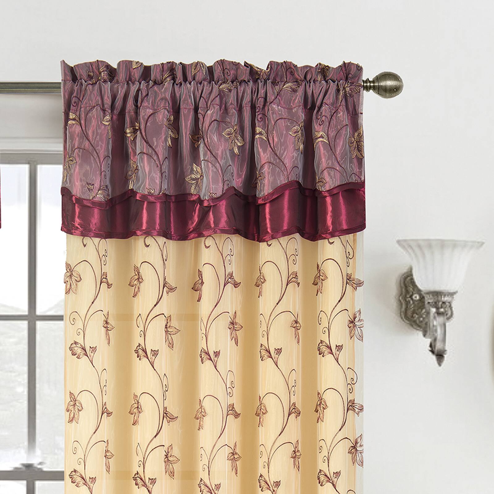 Angle. RT Designers Collection - Pia Embroidered Panel With Double Valance 54'' x 90'' Burgundy - Burgundy.