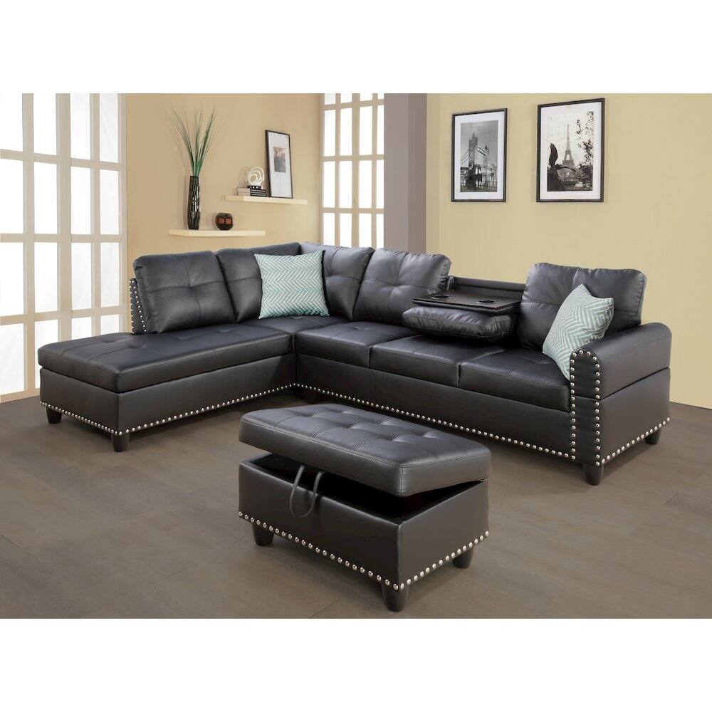 Back. Devion Furniture - Devion Furniture Faux Leather Sectional Sofa with Ottoman-Black - Black.