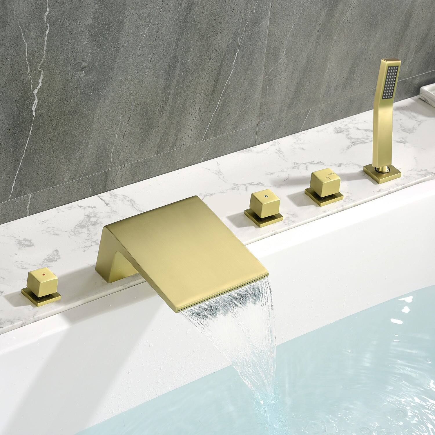 Alt View 4. Boyel Living - 7 in.W Brushed Gold Sloped Bathtub Hot and Cold Water Faucet with Handheld Shower and Waterfall Outlet 5-Hole - Brushed Gold.
