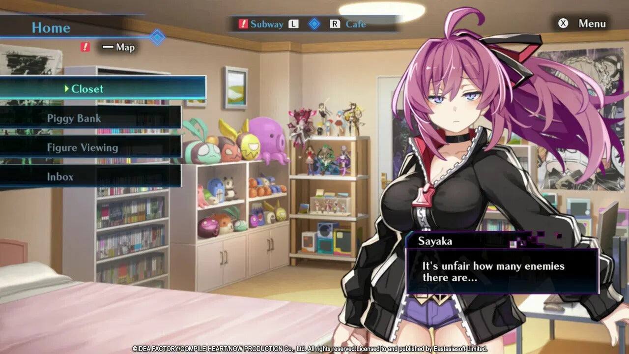 Home  
Map  
Subway  
Cafe  
Menu  
Closet  
Piggy Bank  
Figure Viewing  
Inbox  
Sayaka  
It's unfair how many enemies there are...  
IDEA FACTORY/COMPILE HEART/NOW PRODUCTION Co., Ltd. All rights reserved. Licensed to and published by Eastasiasoft Limited.