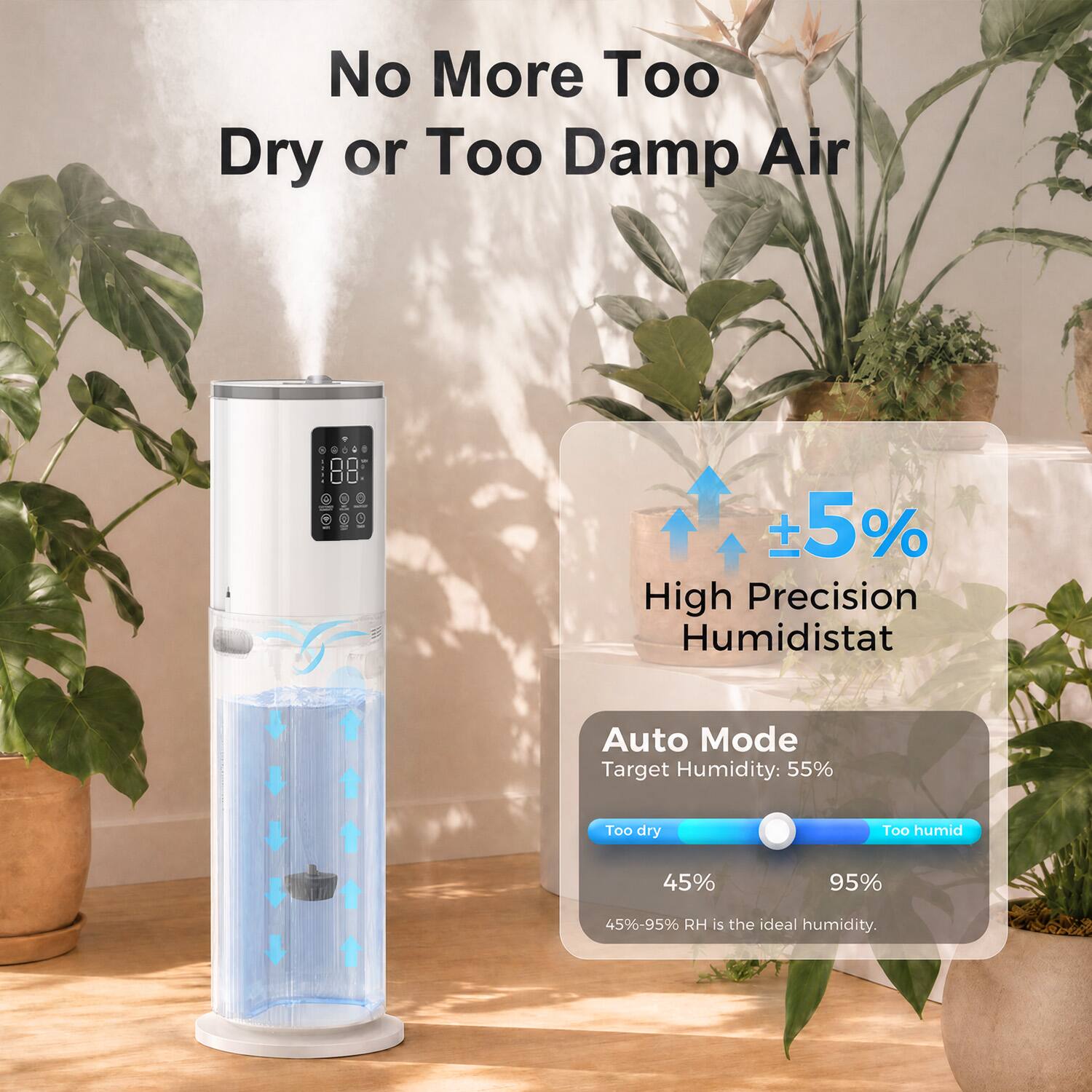 No More Too Dry or Too Damp Air

5% High Precision Humidistat

Auto Mode Target Humidity: 55%

Too dry
Too humid

45%
95%

45%-95% RH is the ideal humidity.