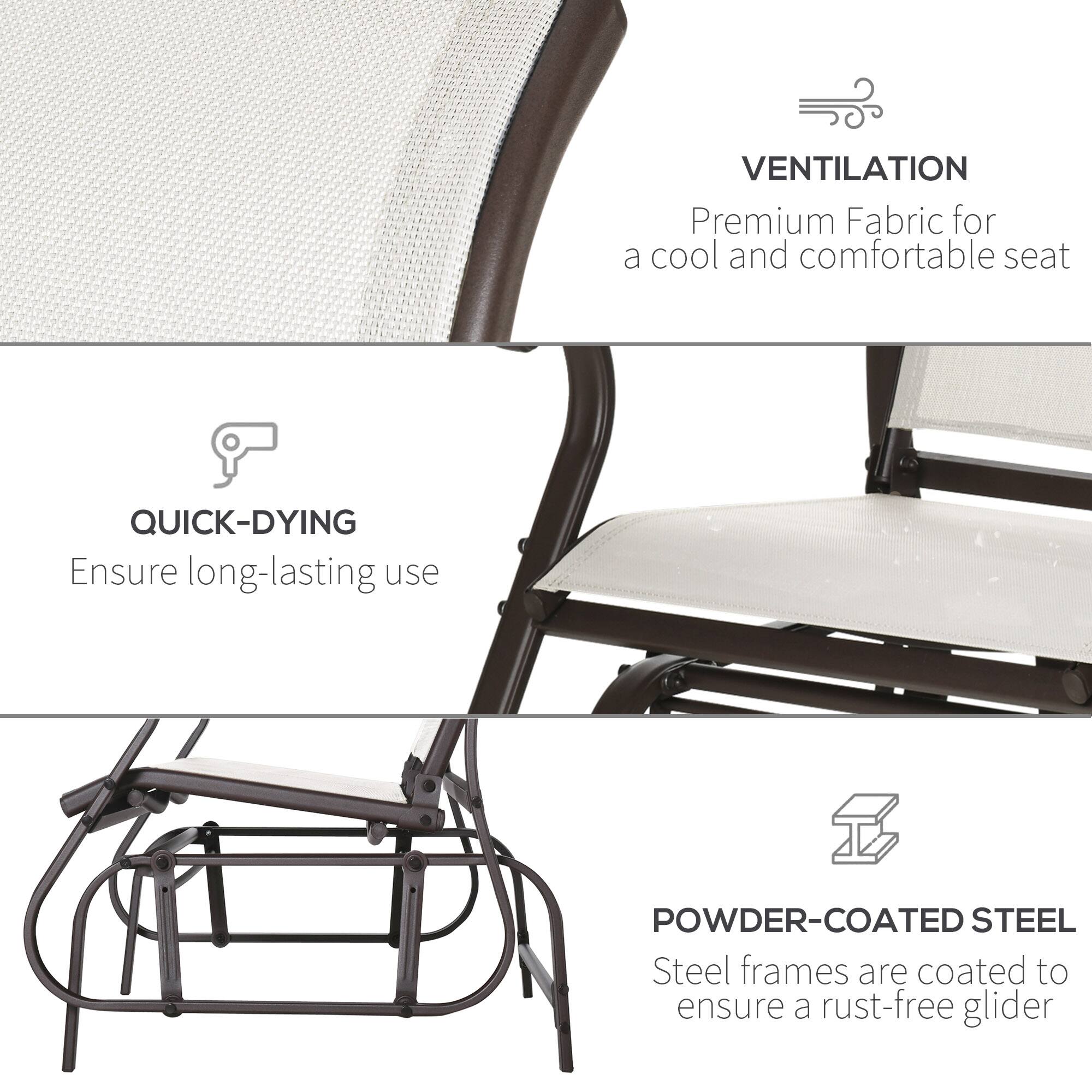 VENTILATION: Premium Fabric for a cool and comfortable seat

QUICK-DYING: Ensure long-lasting use

POWDER-COATED STEEL: Steel frames are coated to ensure a rust-free glider