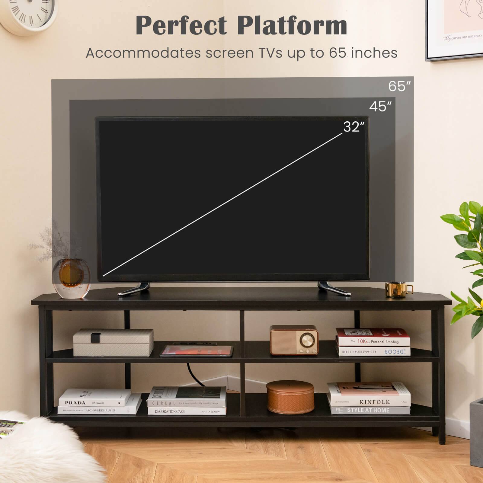 The text on the image reads: "Perfect Platform Accommodates screen TVs up to 65 inches."