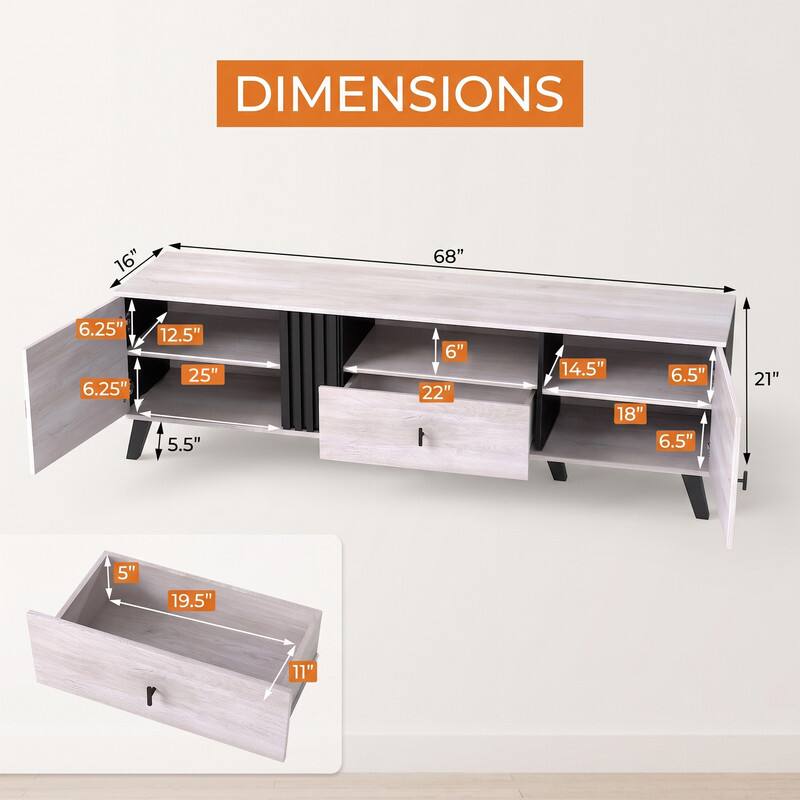 DIMENSIONS
16"
68"
6.25" 6.25"
12.5" 25" 5.5"
6" 22"
14.5" 6.5" 18" 6.5"
21"
5"
19.5"
11"