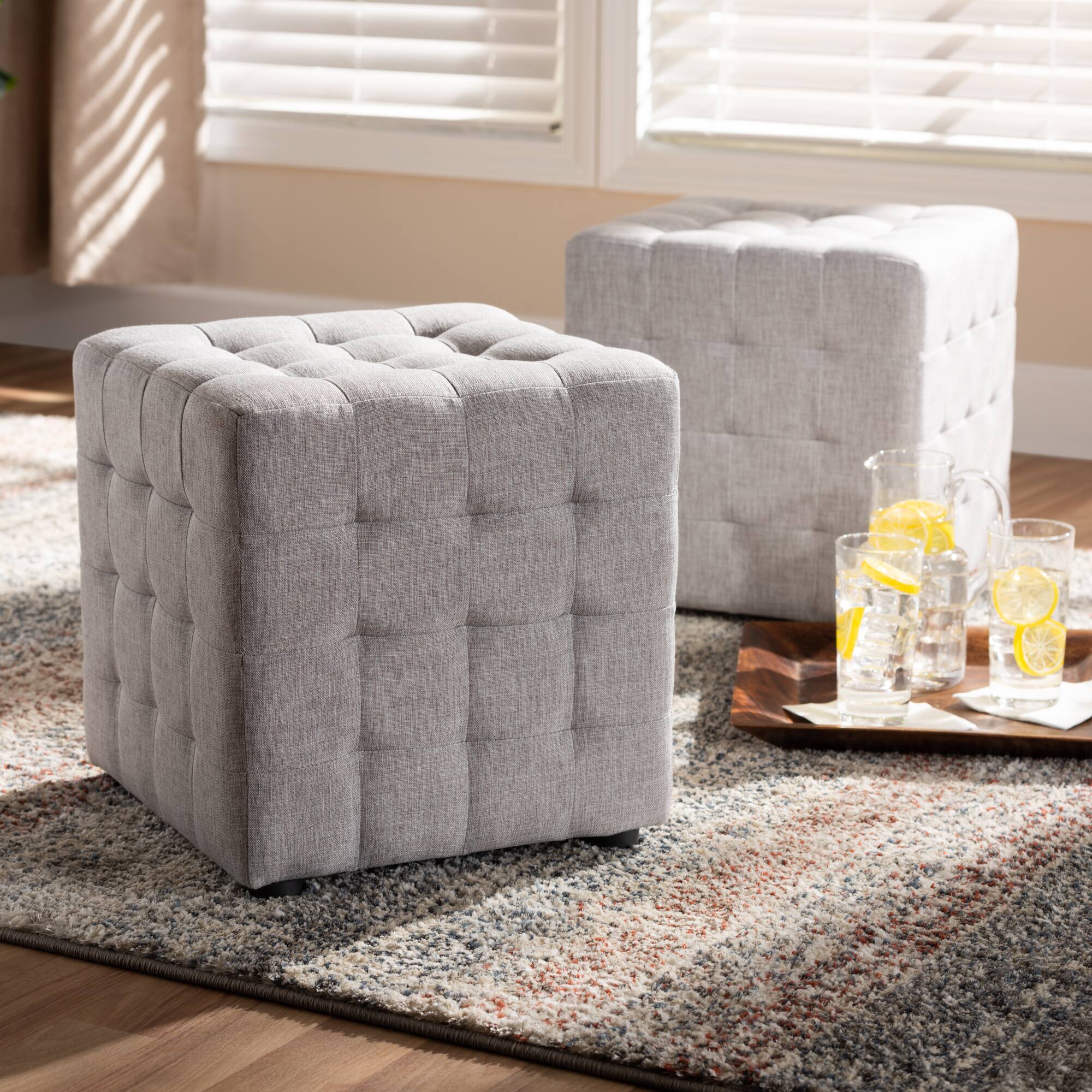 Back. Baxton Studio - Elladio Modern and Contemporary Fabric Upholstered Tufted Cube Ottoman Set - Grayish Beige.