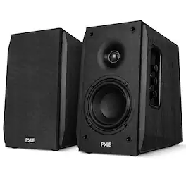 Pyle - Powered Bookshelf Speaker System with Bluetooth, 80W Active Stereo Speakers, Bass Reflex Natural Wood Cabinet