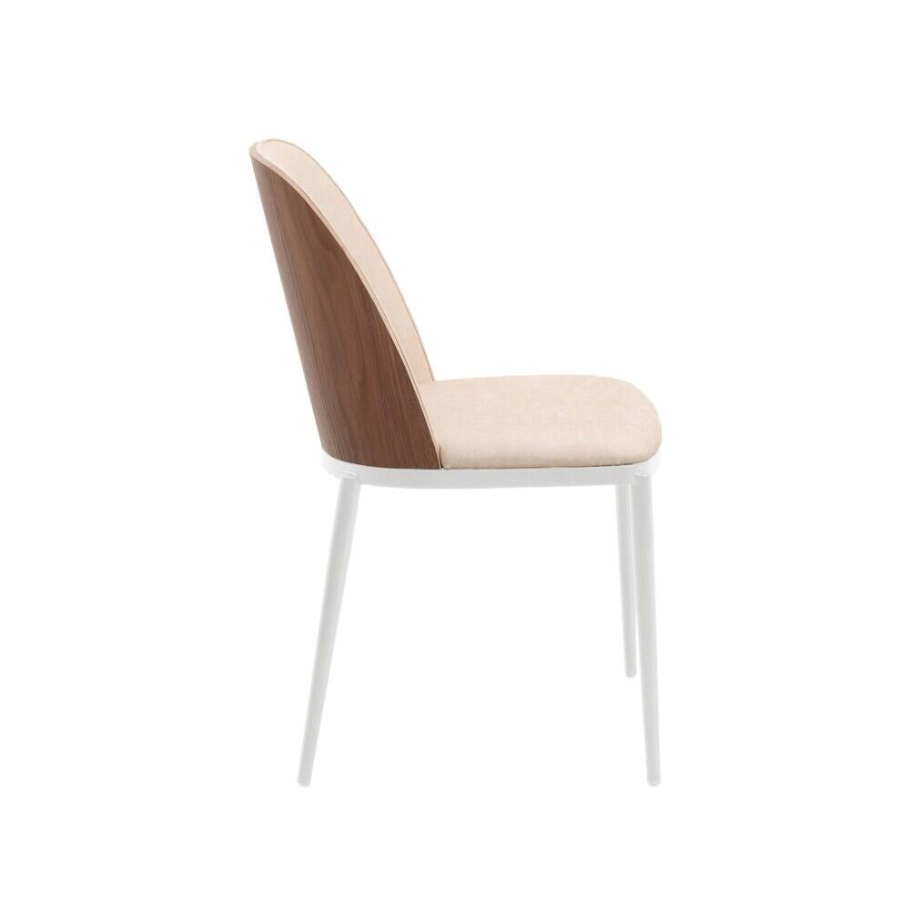Back. LeisureMod - Tule Vintage Mid-Century Dining Chair, Modern Fabric Upholstered Kitchen Side Chair with Protective Floor Glides - Walnut/Light Brown.