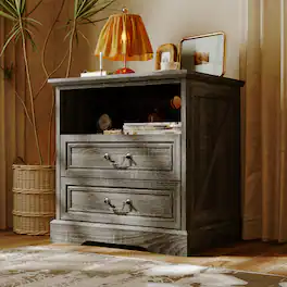 Famapy - Farmhouse 2-Drawer Nightstand with Charging Station & Open Shelf, Rustic Bedside Table for Bedroom Furniture - Gray