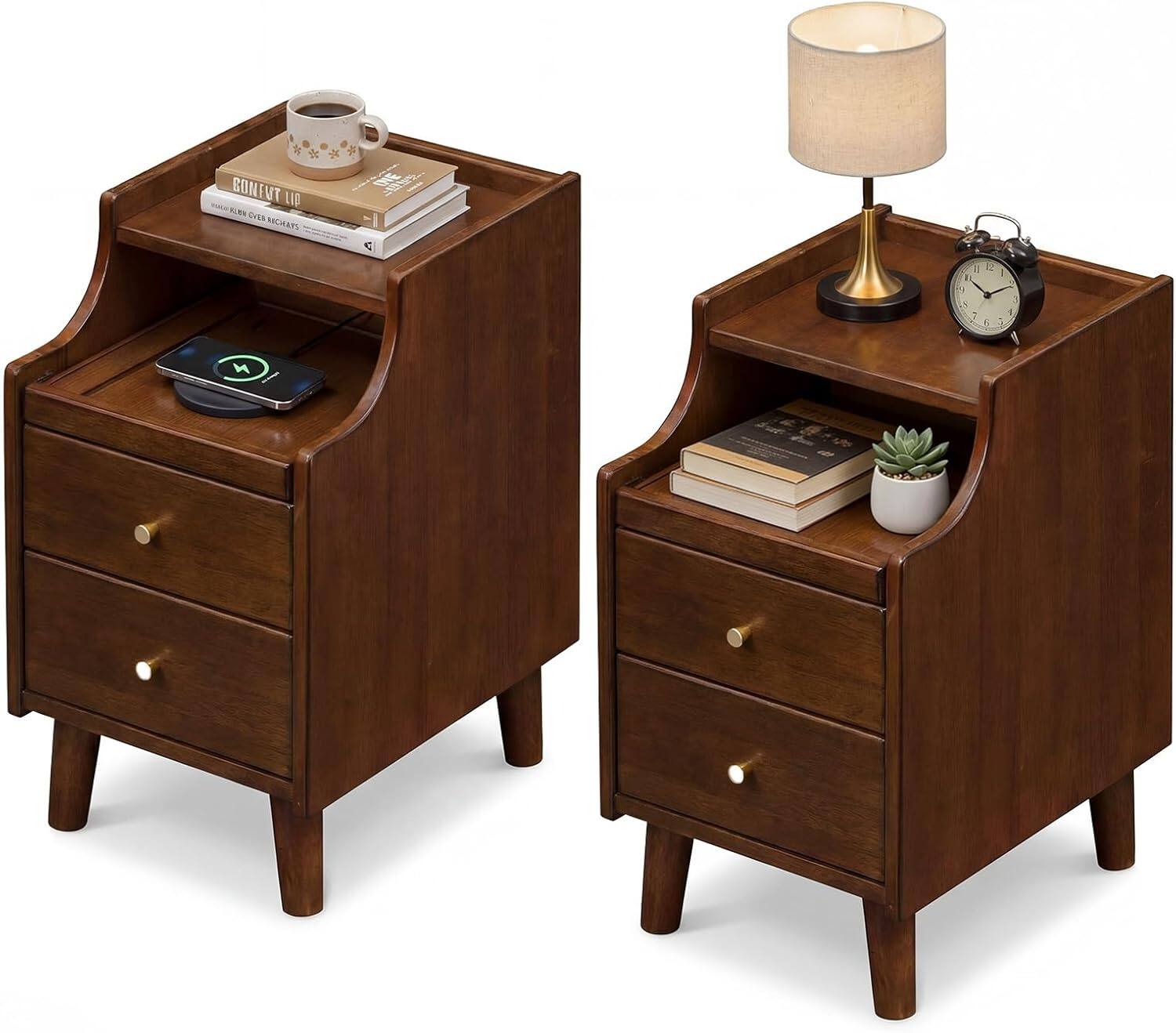 Gymax - 2Pcs Wood Nightstand w/ 2 Drawers Narrow Bedside Table w/ Pull-out Tray - Brown price history on PriceWatchPro