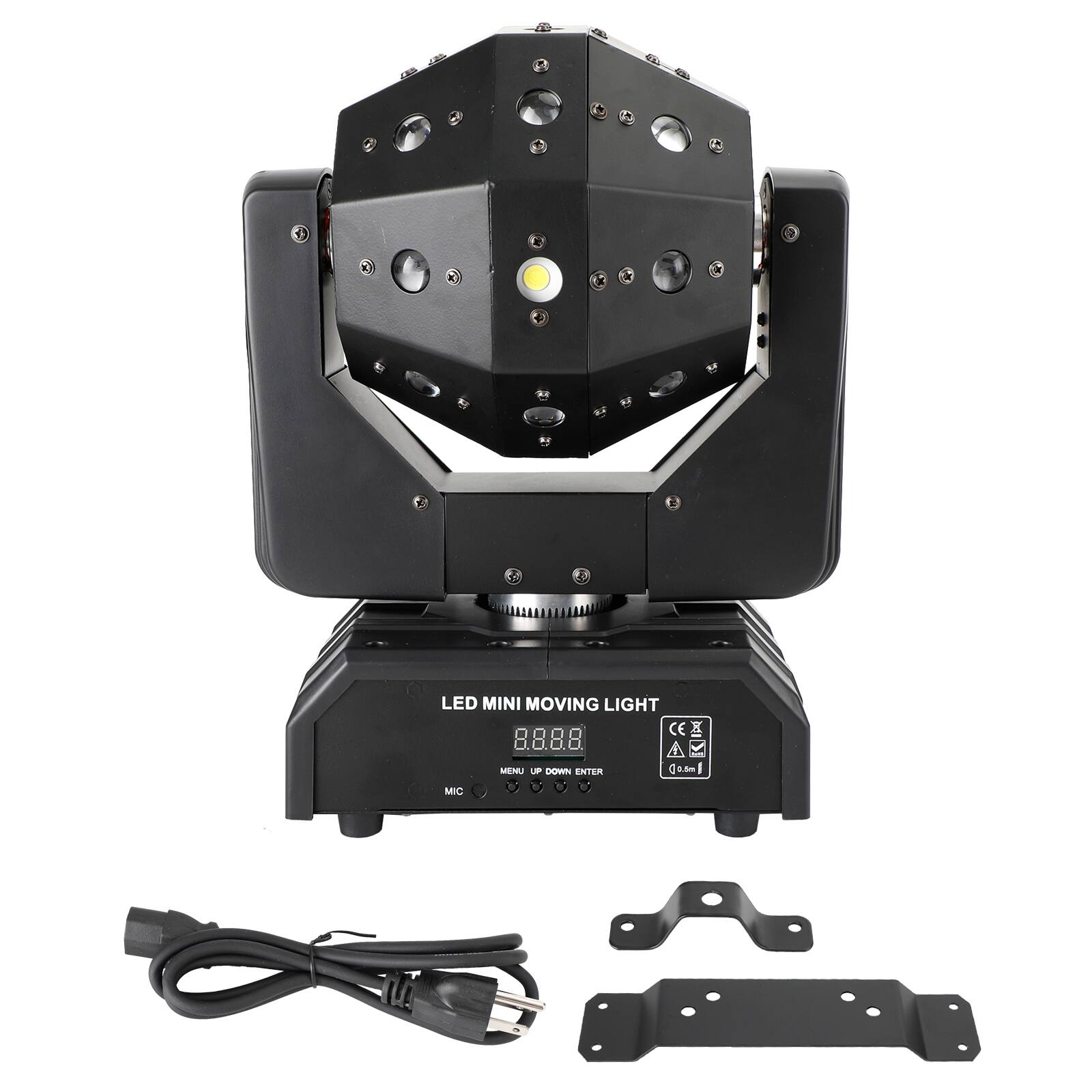 LED MINI MOVING LIGHT  
8.8.8.8  
MENU UP DOWN ENTER  
0.5m  
MIC