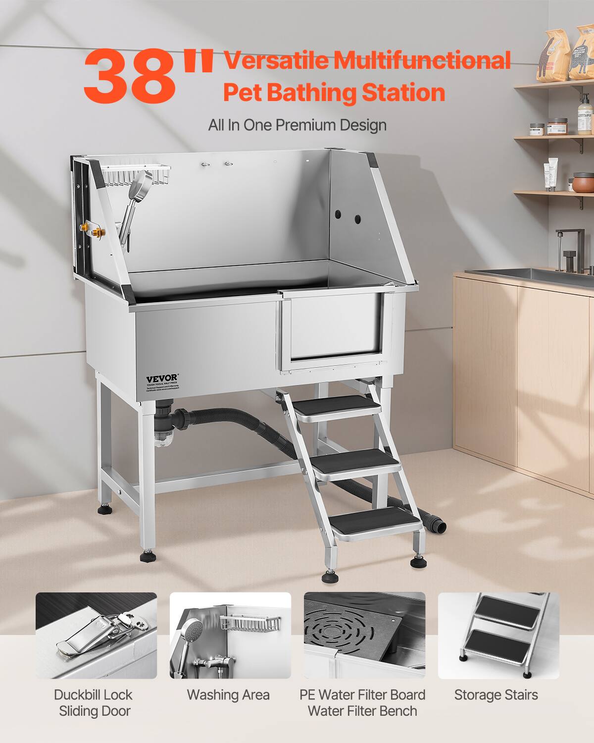 38" Versatile Multifunctional Pet Bathing Station  
All In One Premium Design  

- Duckbill Lock Sliding Door  
- Washing Area  
- PE Water Filter Board  
- Water Filter Bench  
- Storage Stairs